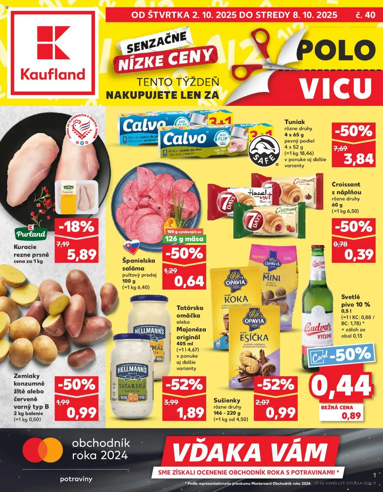 Náhľad Kaufland letáku platného od 02.10.2025 - Pivo, Tuniak, Kuracie rezne, Zemiaky, Tatárska omáčka, Omáčka, Budvar, Sušienky