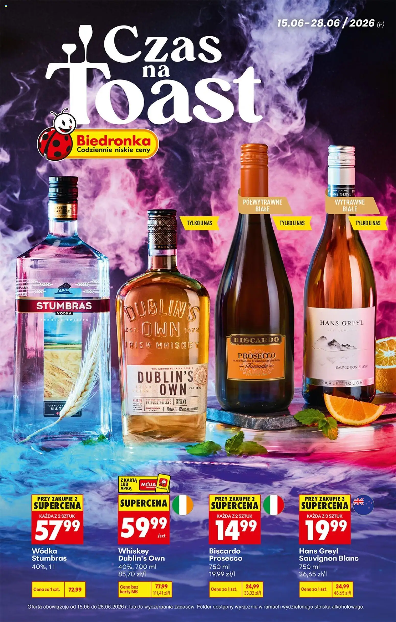 Pogląd gazetki "Biedronka gazetka - Czas na toast" ze sklepu Biedronka ważnej od 15.06.2026 - Prosecco, Wódka, Bourbon, Karta, Wódka Stumbras, Sauvignon Blanc, Vodka