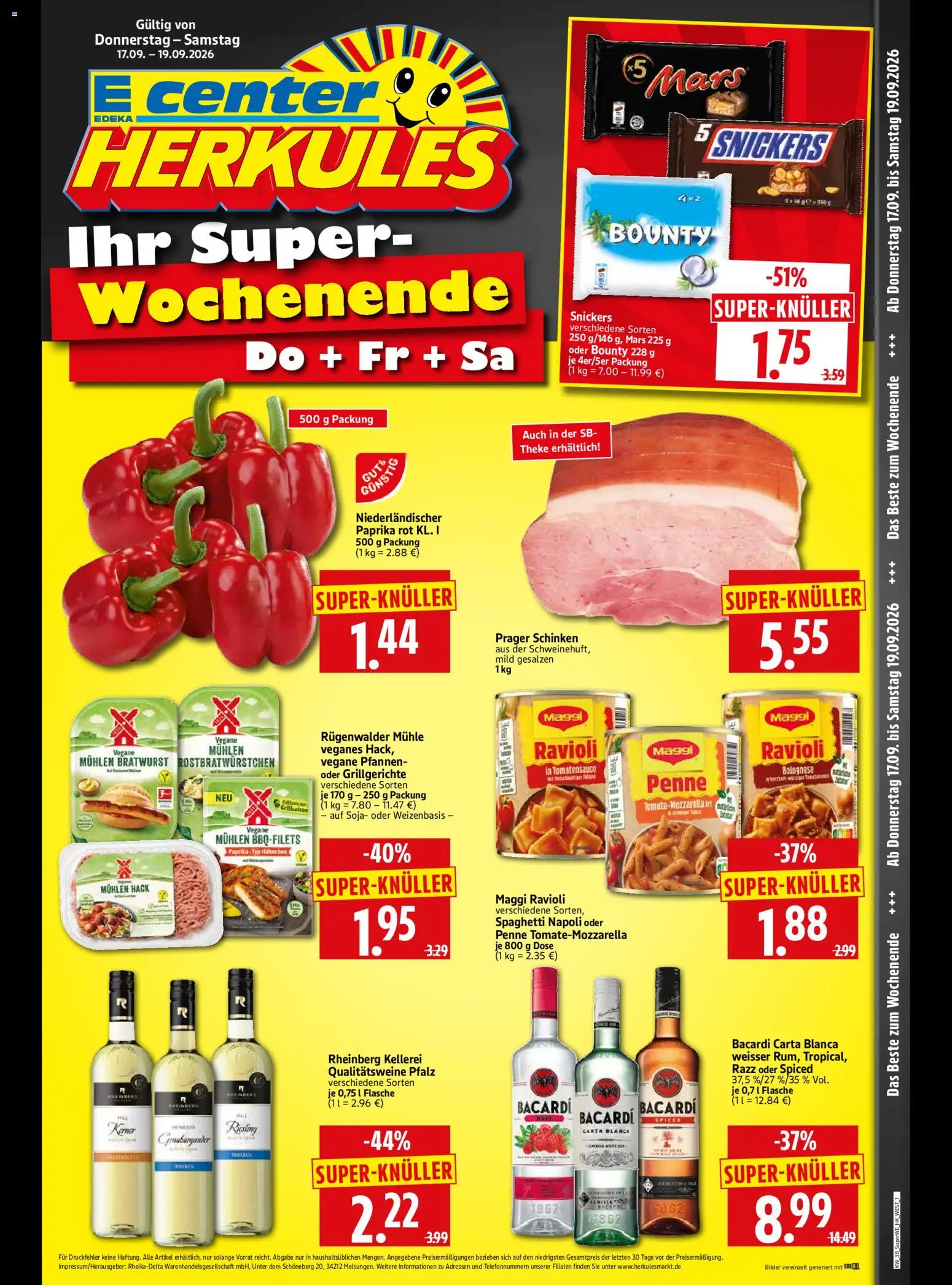 Vorschau von dem Prospekt des Geschäftes HERKULES, gültig ab dem 17.09.2026 - Bilder, Maggi, Bacardi, Paprika, Snickers, Mühle, Paprika rot, Hahnchen