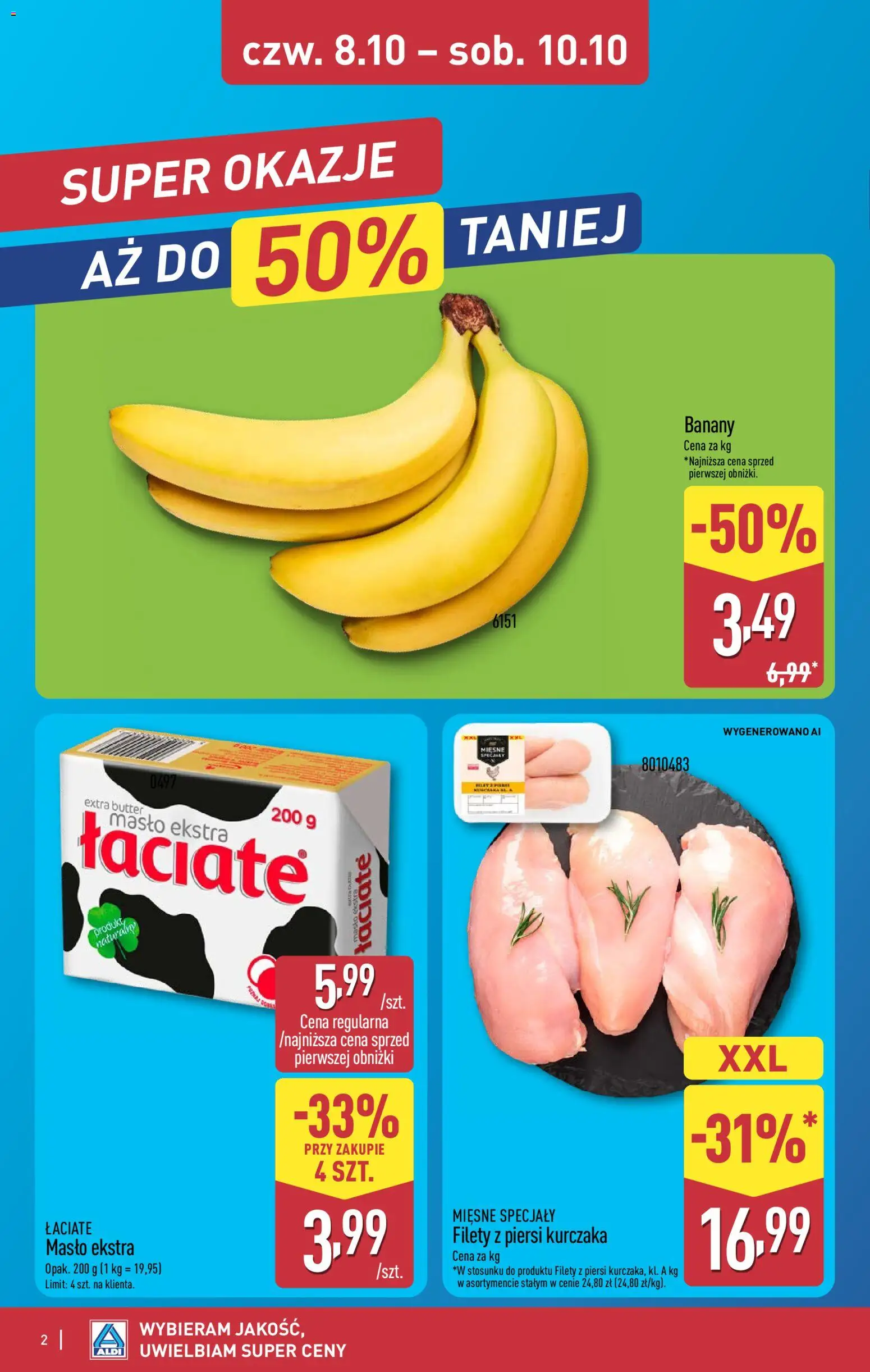 Pogląd gazetki "Aldi gazetka - Oferta weekendowa" ze sklepu Aldi ważnej od 08.10.2026 - Masło, Piersi, Banany, Specjały, Filety z piersi kurczaka