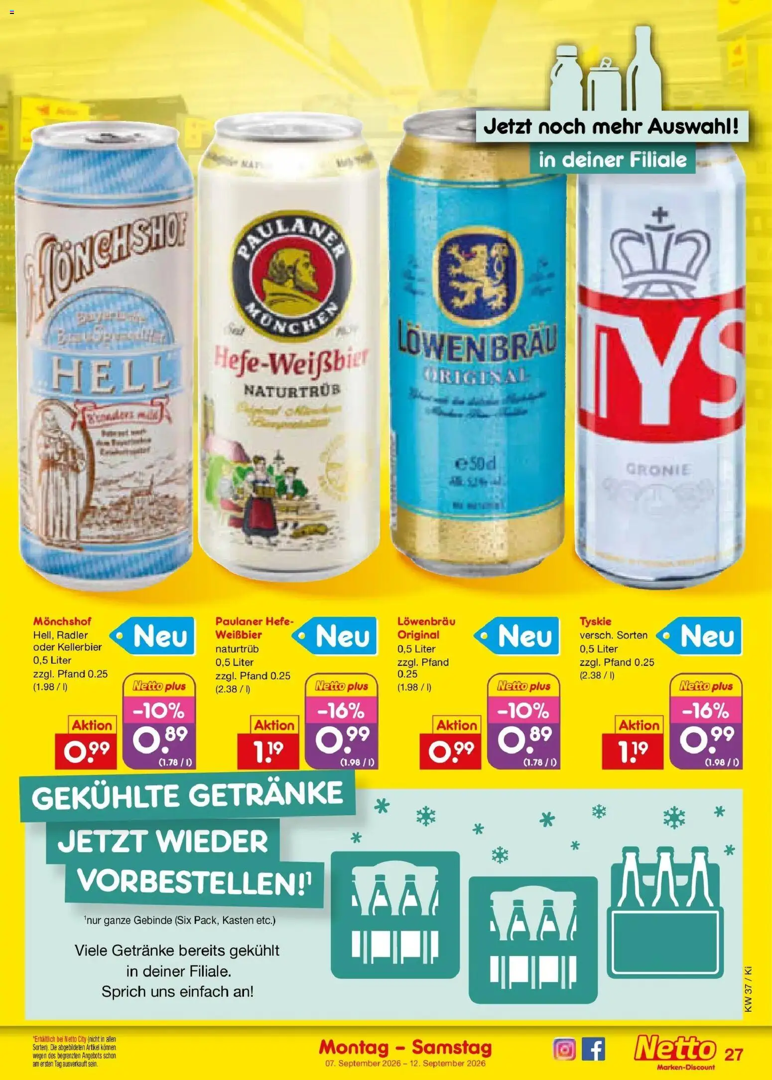 Vorschau von dem Prospekt des Geschäftes Netto Marken-Discount, gültig ab dem 07.09.2026 - Paulaner, Radler, Tyskie, Weißbier, Monchshof