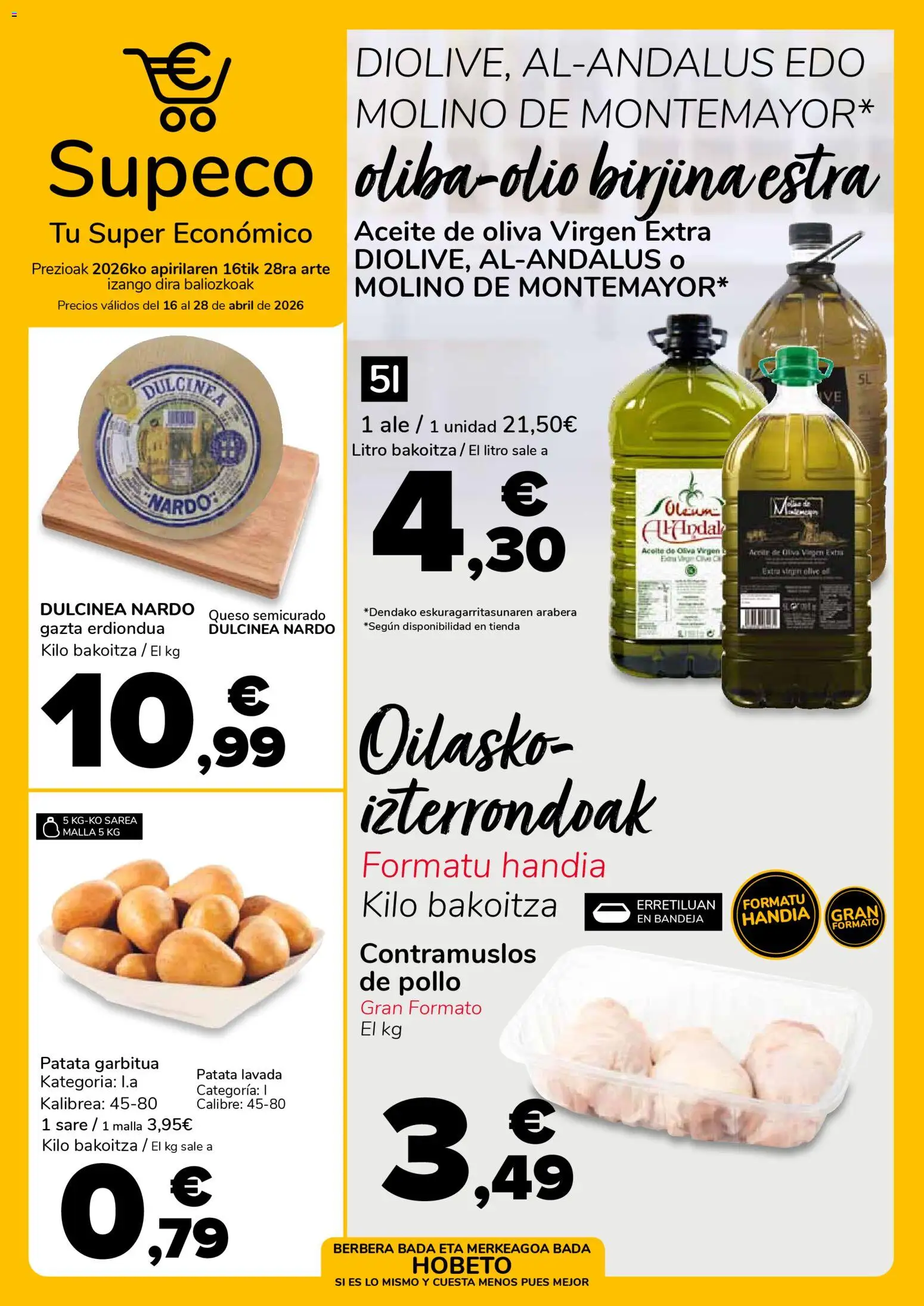 Vista previa del folleto de la tienda Supeco válido desde el 16/04/2026 - Aceite de oliva, Queso, Aceite, Aceite de oliva virgen extra, Bandeja, Pollo