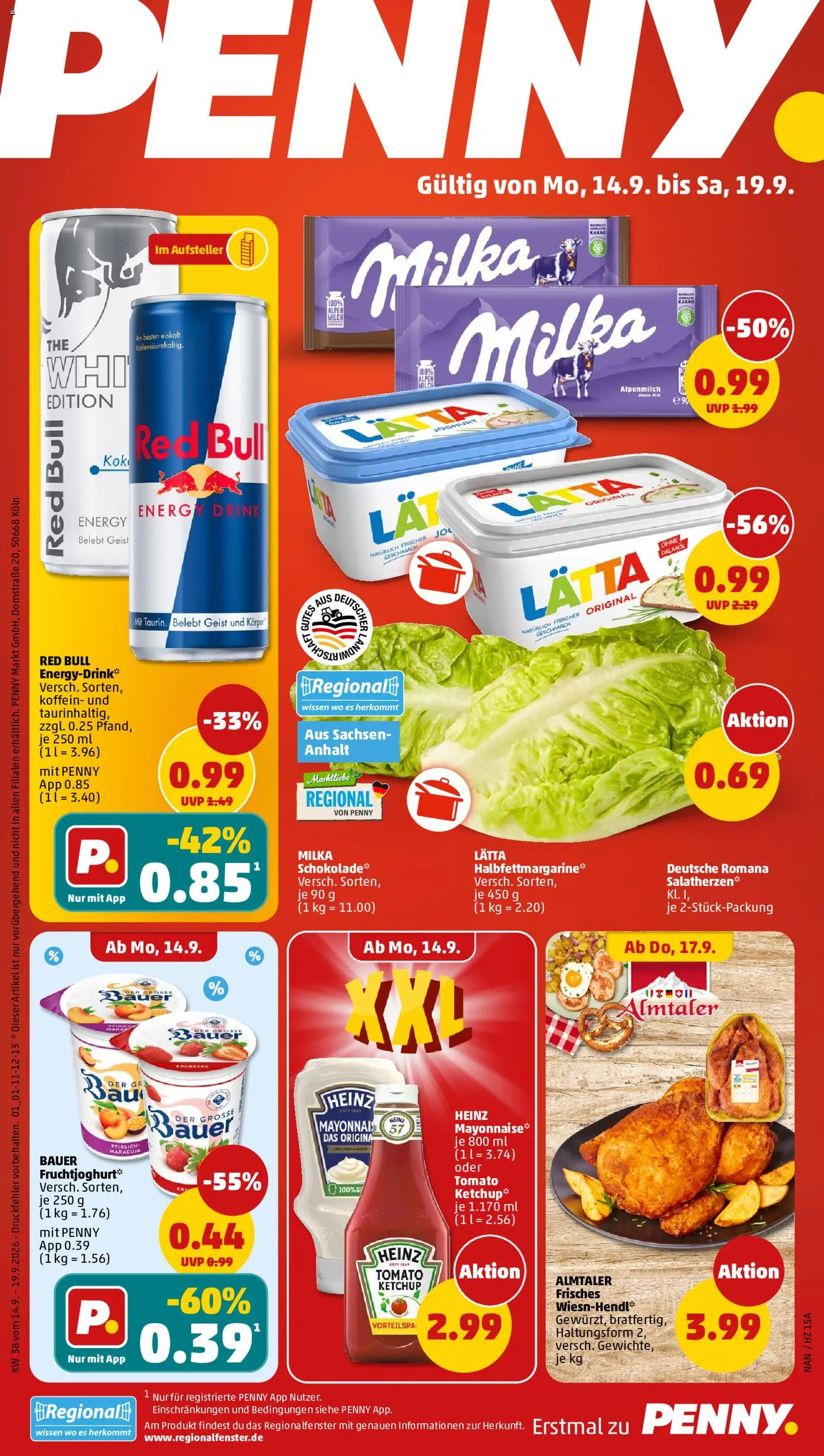 Vorschau von dem Prospekt des Geschäftes Penny, gültig ab dem 14.09.2026 - Red bull, Schokolade, Milka, Mayonnaise, Energy, Margarine, Ketchup, Lätta
