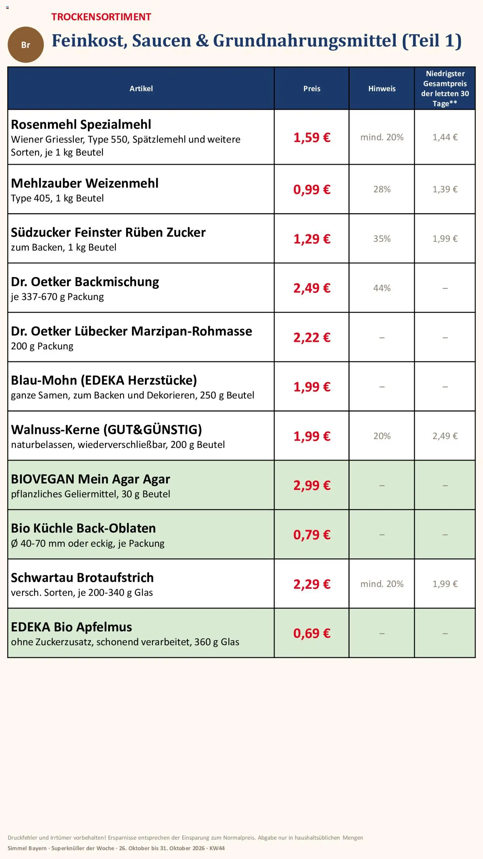 Vorschau von dem Prospekt des Geschäftes Simmel, gültig ab dem 26.10.2026 - Zucker, Apfelmus, Weizenmehl