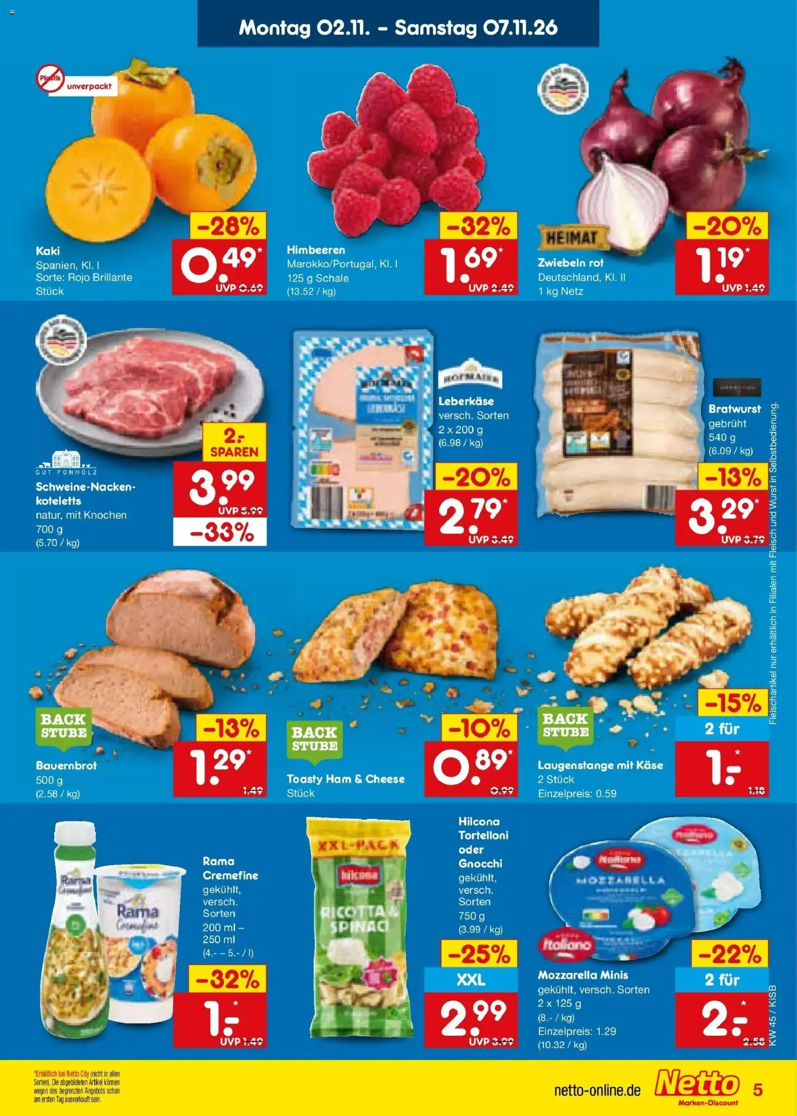 Vorschau von dem Prospekt des Geschäftes Netto Marken-Discount, gültig ab dem 02.11.2026 - Käse, Gnocchi, Himbeeren, Mozzarella, Kaki, Fleisch, Zwiebeln, Leberkase