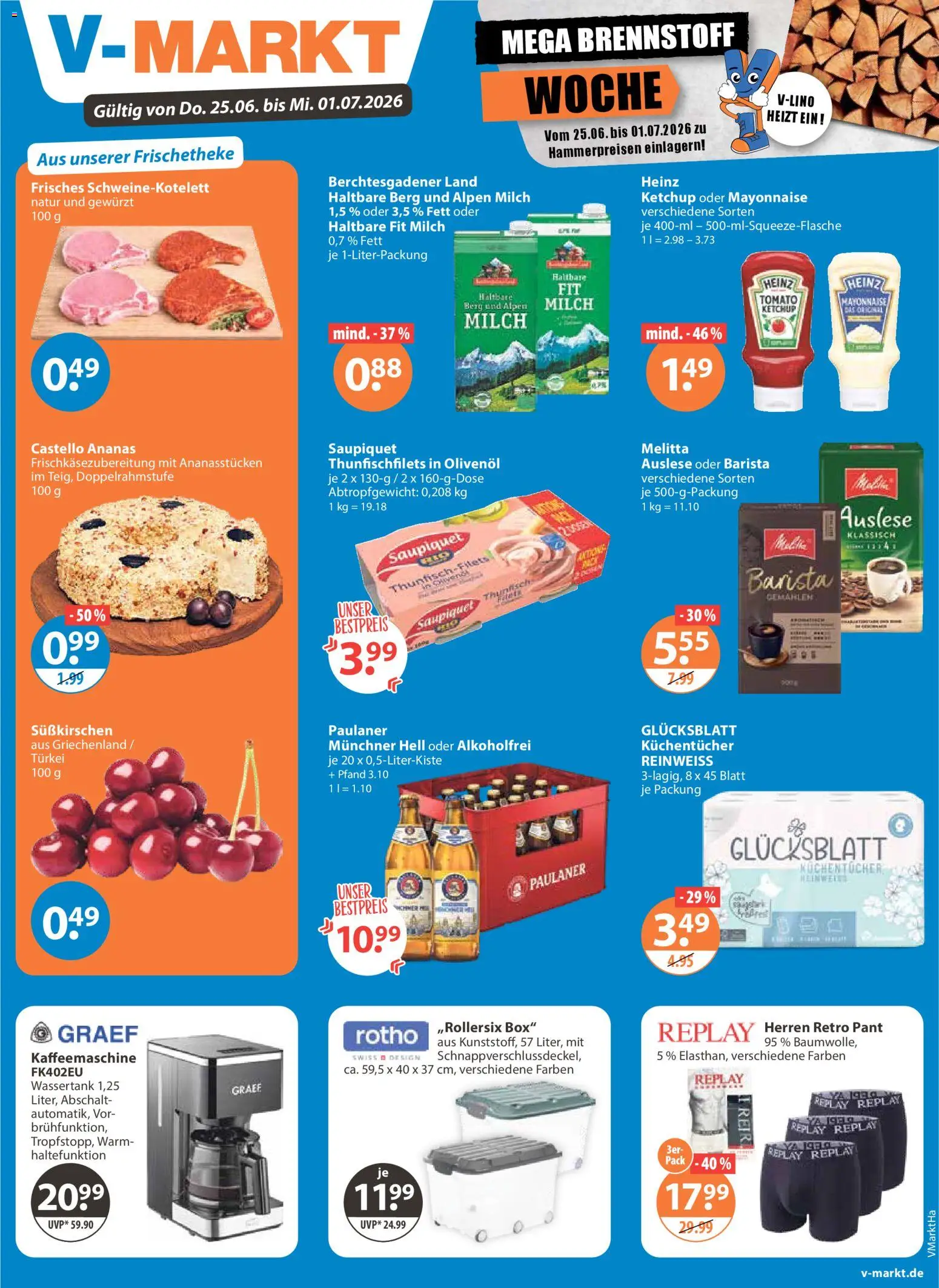 Vorschau von dem Prospekt des Geschäftes V-Markt, gültig ab dem 25.06.2026 - Milch, Ananas, Mayonnaise, Box, Paulaner, Melitta, Olivenol, Milch 1,5%