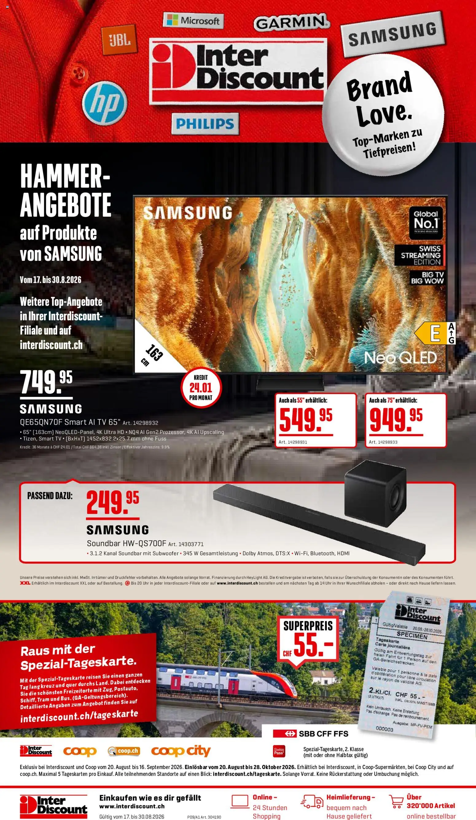 Vorschau des Merkblatts Interdiscount aktionen vom Shop Interdiscount gültig von 17.08.2026 bis 30.08.2026 - Samsung, Uhr, TV, Philips, Soundbar