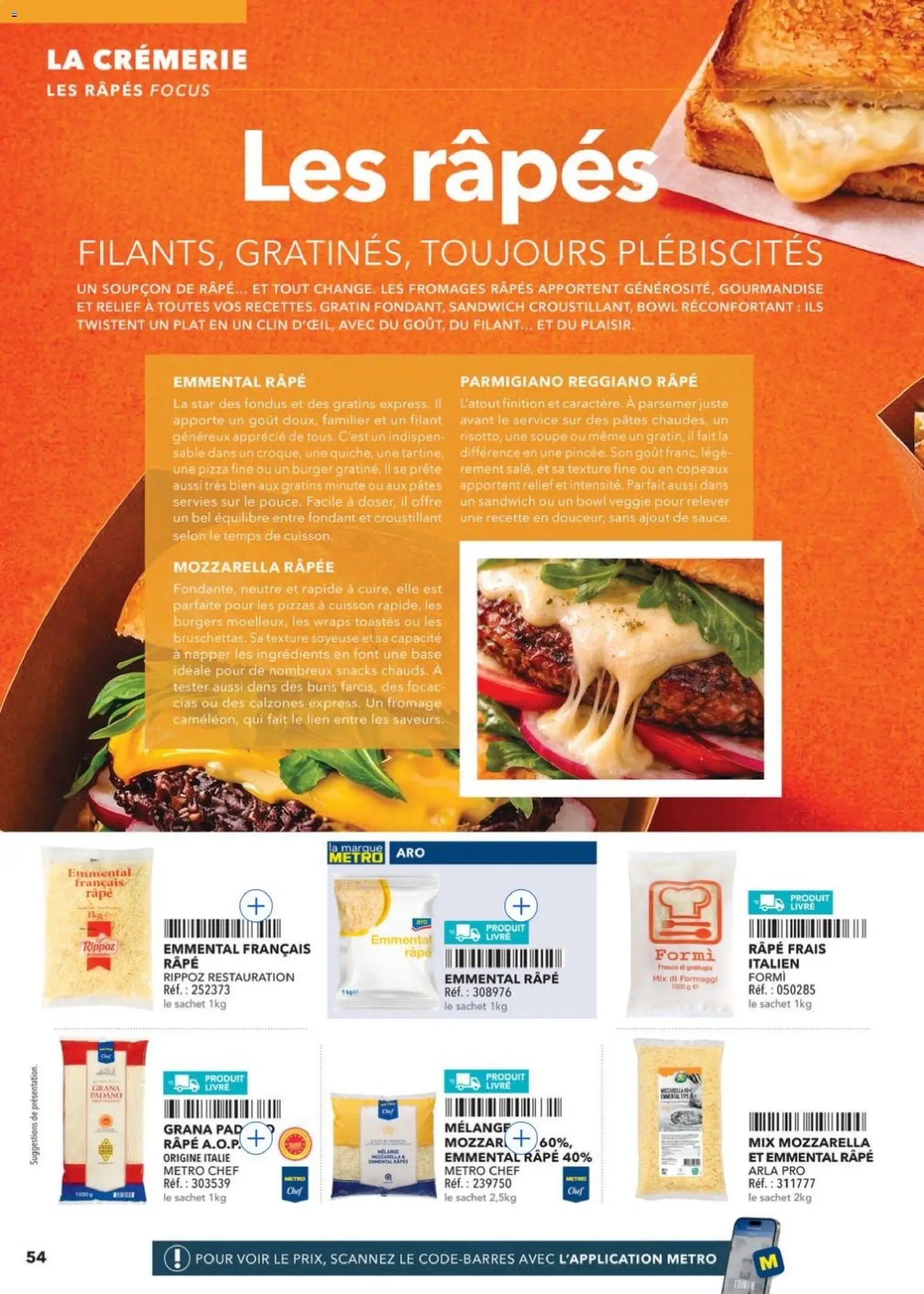 Prévisualisation de METRO - Restauration rapide du magasin METRO formulaire valide 14/04/2026 - Burger, Fromage, Pâtes, Emmental, Ingrédients, Parmigiano Reggiano, Mozzarella râpée, Emmental français râpé