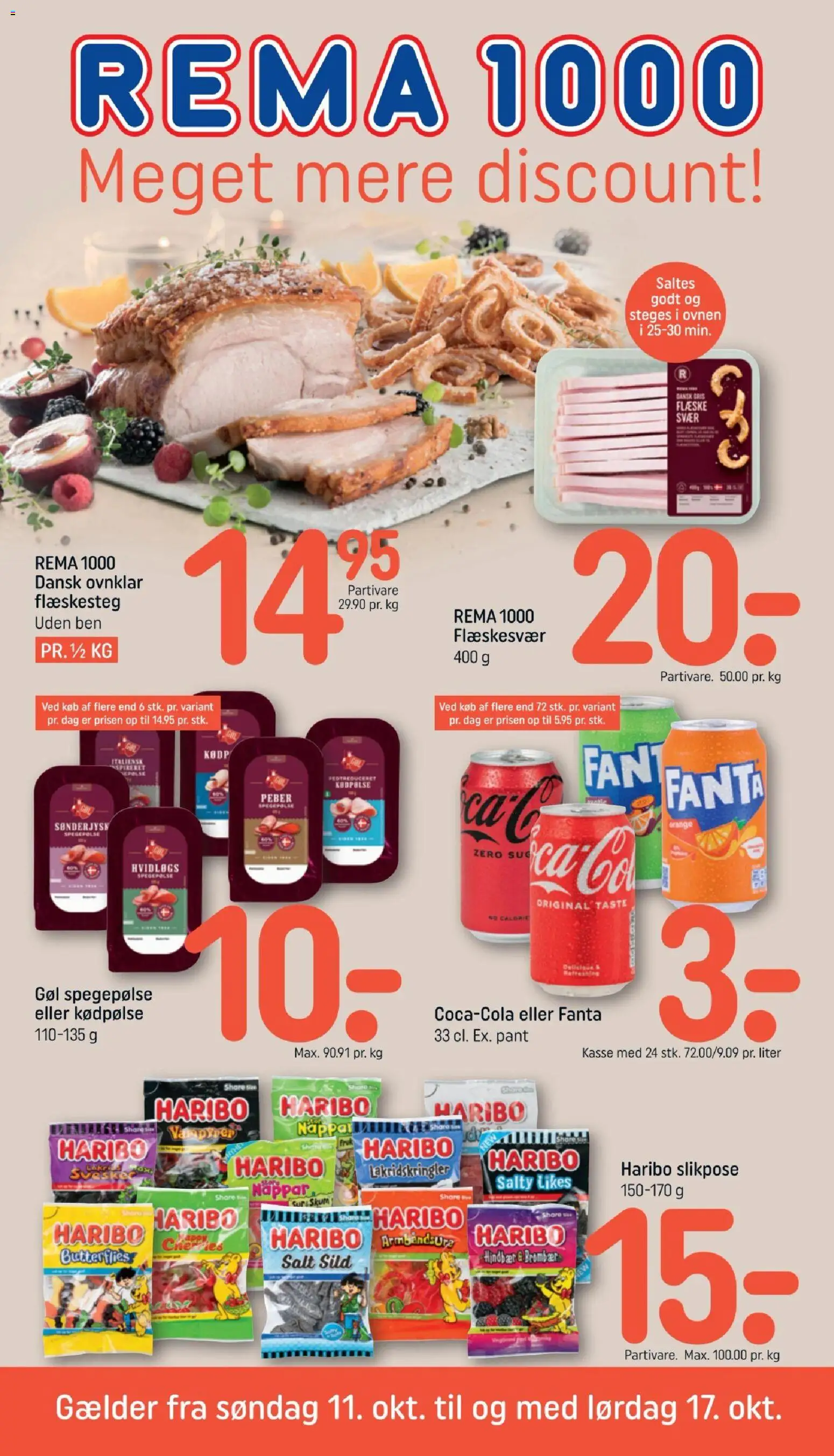 Eksempel på tilbudsavis Rema 1000 - Tilbudsavis Uge 42 fra butik Rema 1000 gyldig fra 11/10/2026 - Flæskesteg, Sild, Salt, Hindbær, Fanta, Svesker, Flæskesvær, Peber