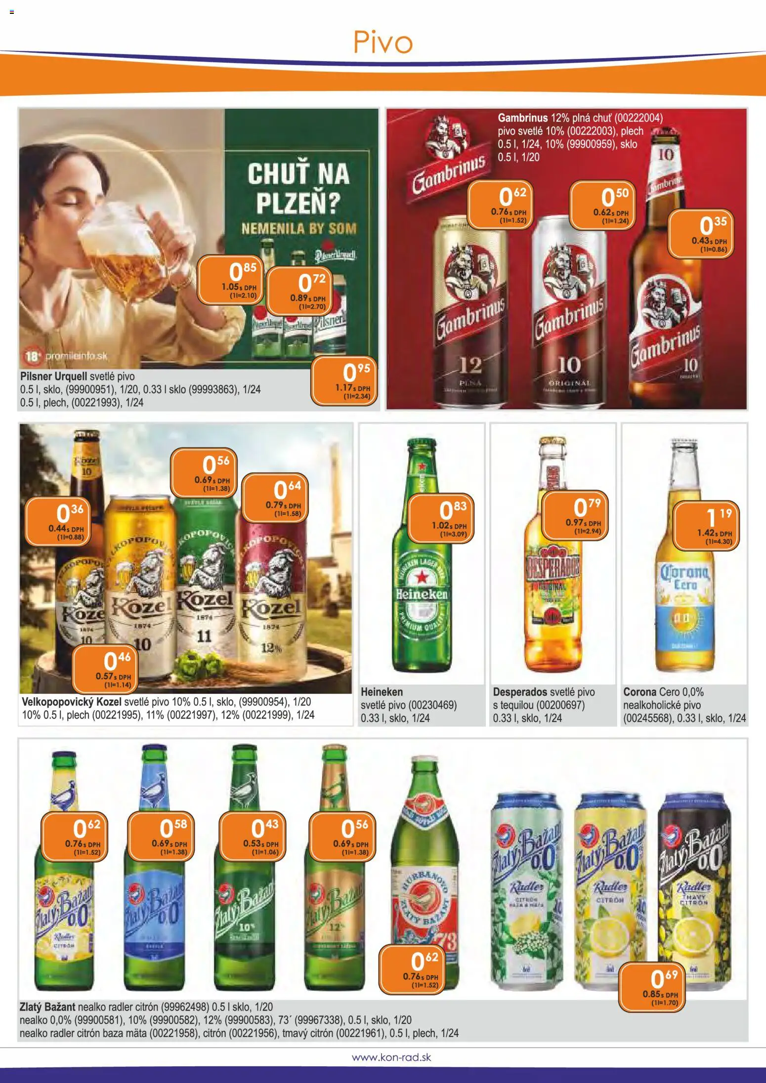 Náhľad KON - RAD letáku platného od 01.03.2026 - Pivo, Pilsner Urquell, Desperados, Heineken, Radler, Gambrinus, Zlatý Bažant, Nealkoholické pivo