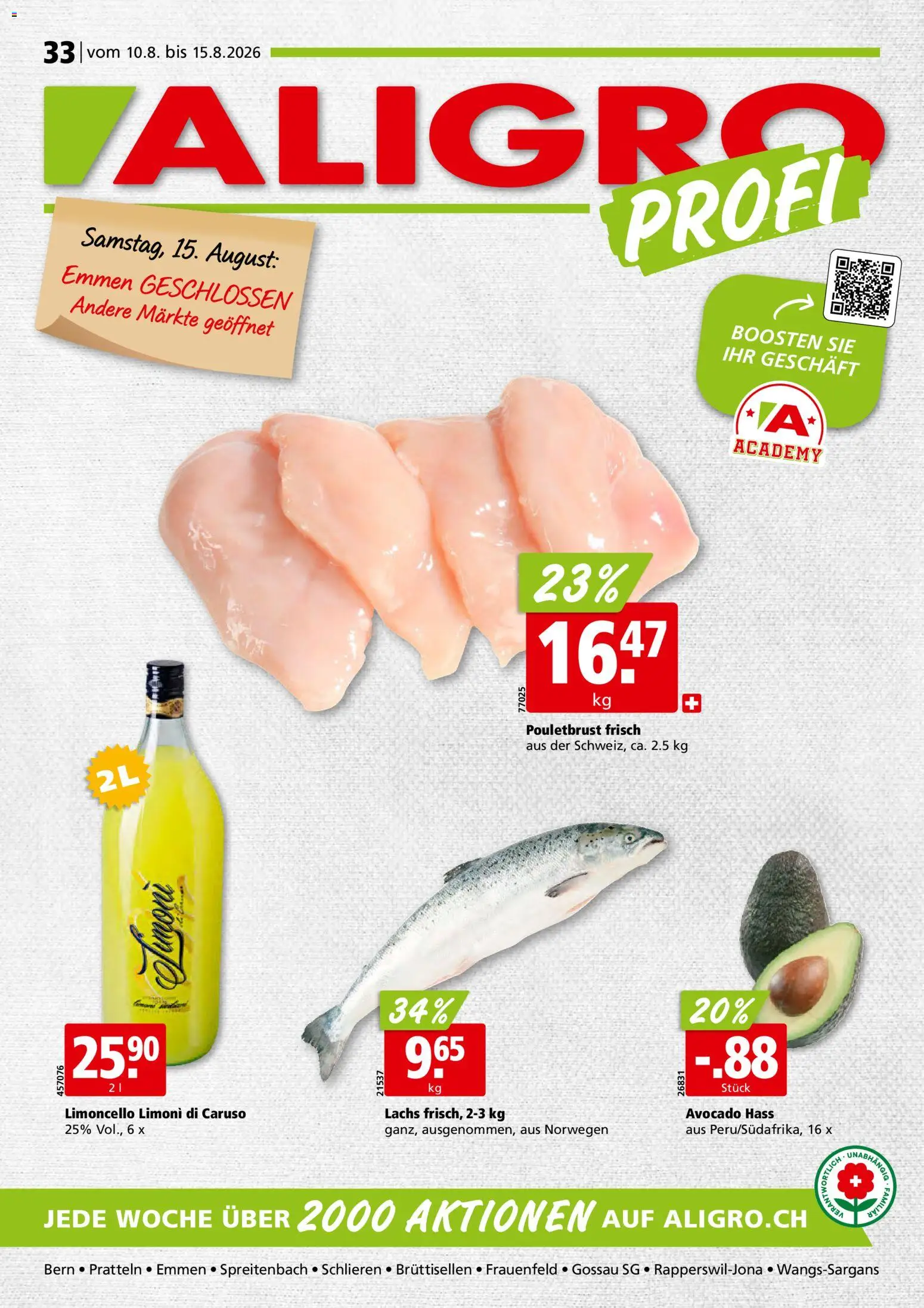 Vorschau des Merkblatts Aligro aktionen Schlieren, Gossau SG, Frauenfeld, Rapperswil-Jona, Sargans, Bern vom Shop Aligro gültig von 10.08.2026 bis 15.08.2026 - Avocado, Lachs, Pouletbrust