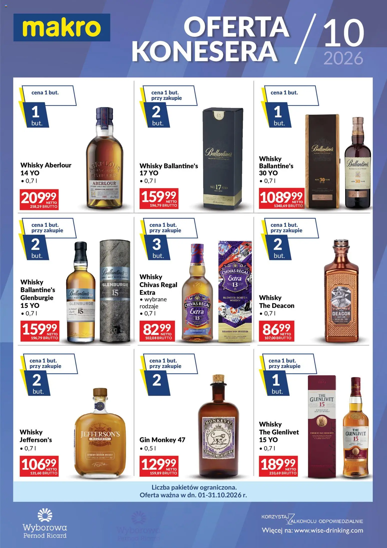 Pogląd gazetki "Makro gazetka - Konesera październik" ze sklepu Makro ważnej od 01.10.2026 - Whisky, Regał, Gin, Bourbon, Chivas Regal, Whisky Ballantines, Whisky Single Malt, Scotch whisky