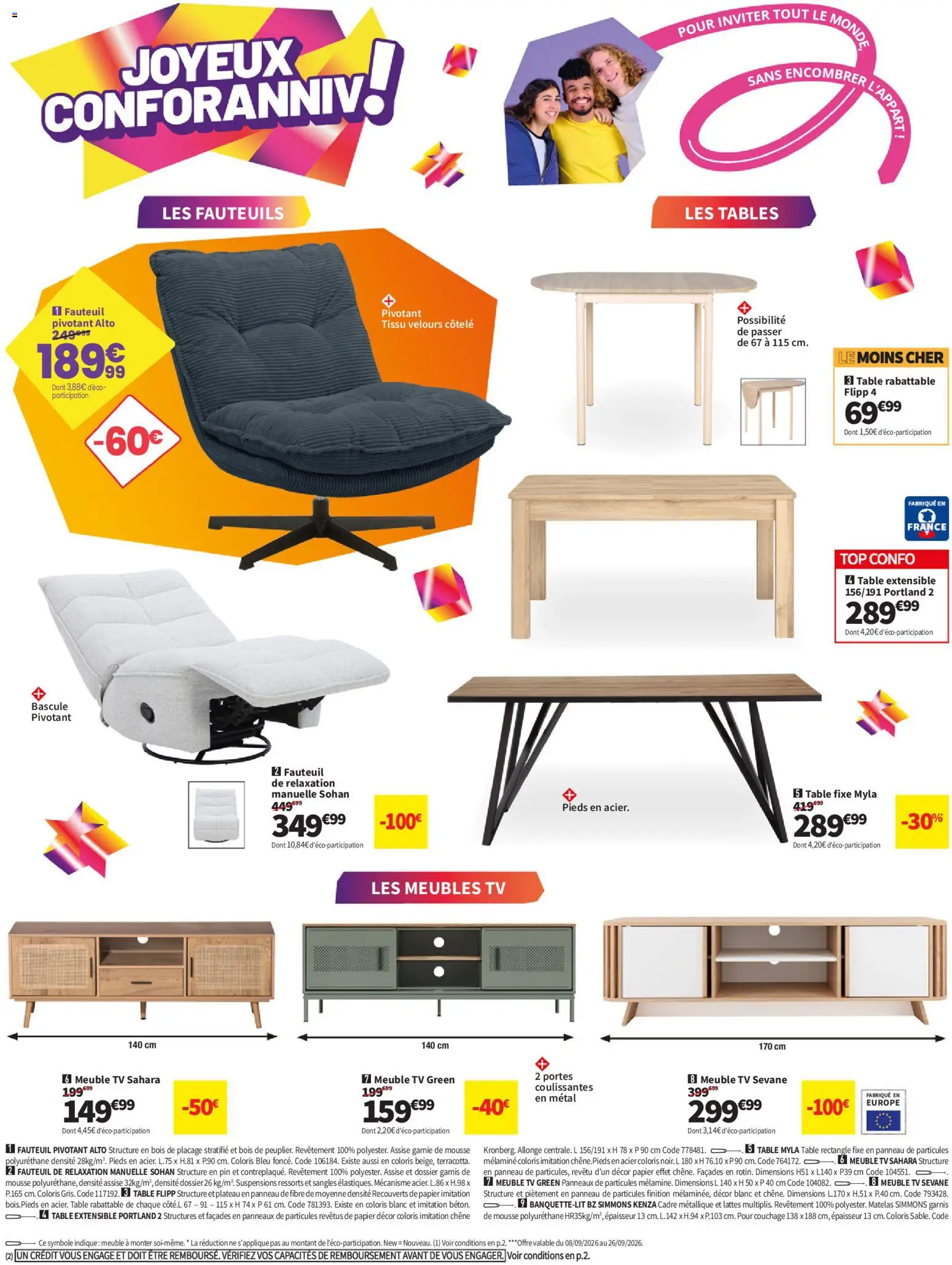 Prévisualisation de Conforama catalogue du magasin Conforama formulaire valide 08/09/2026 - Meuble TV, Fauteuil, Meuble, Matelas, Table, Table extensible, Mousse, Plateau