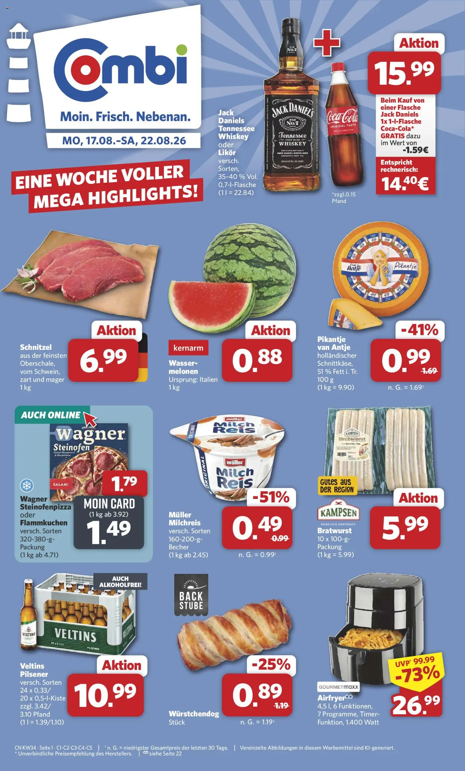 Vorschau von dem Prospekt des Geschäftes Combi, gültig ab dem 17.08.2026 - Schnitzel, Wasser, Milch, Reis, Whiskey, Salami, Likör, Jack Daniel's