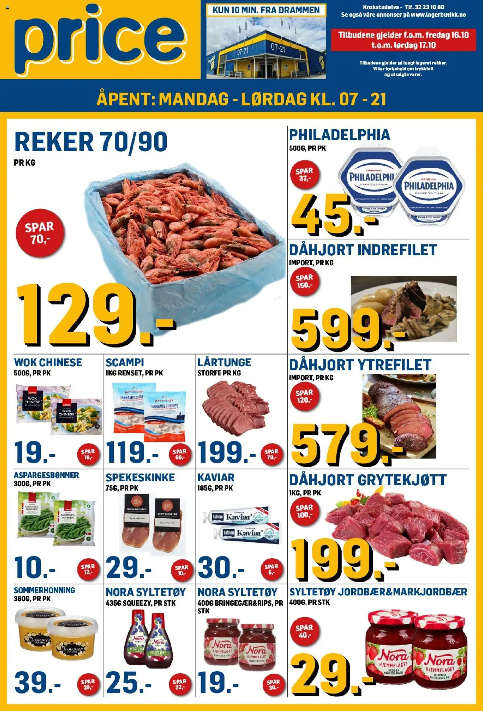 Forhåndsvis Price Lagerbutikk kundeavis mandag fra butikk Price Lagerbutikk gyldig fra 16/10/2026 - Ytrefilet, Jordbær, Syltetøy, Asparges, Indrefilet, Reker, Scampi, Spekeskinke