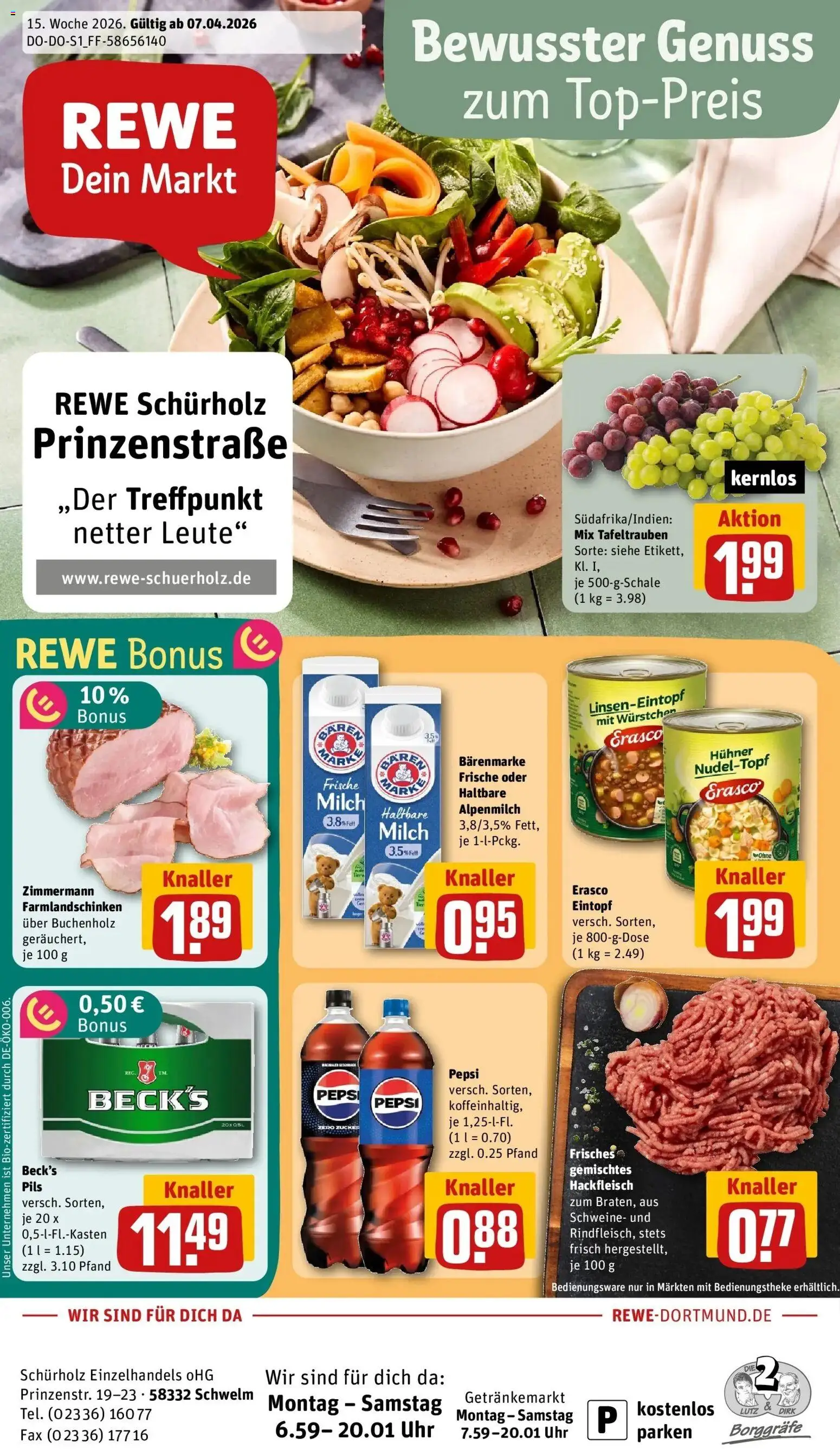 Vorschau von dem Prospekt des Geschäftes Rewe, gültig ab dem 05.04.2026 - Uhr, Milch, Hackfleisch, Zucker, Pepsi, Pils, Erasco