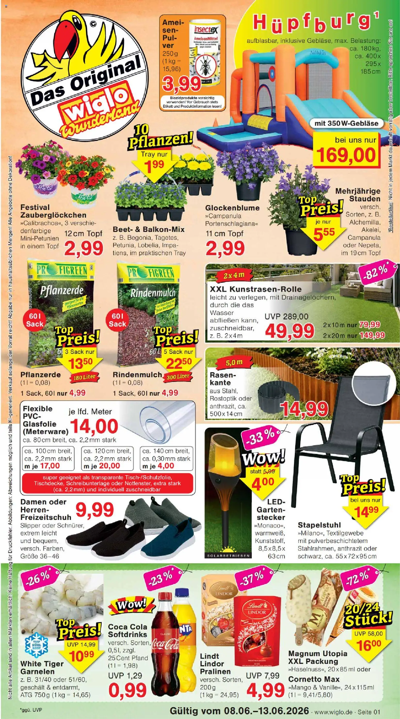 Vorschau von dem Prospekt des Geschäftes Wiglo Wunderland, gültig ab dem 08.06.2026 - Wasser, Coca cola, Lindt, Cola, Garnelen, Rindenmulch, Pflanzerde, Freizeitschuh