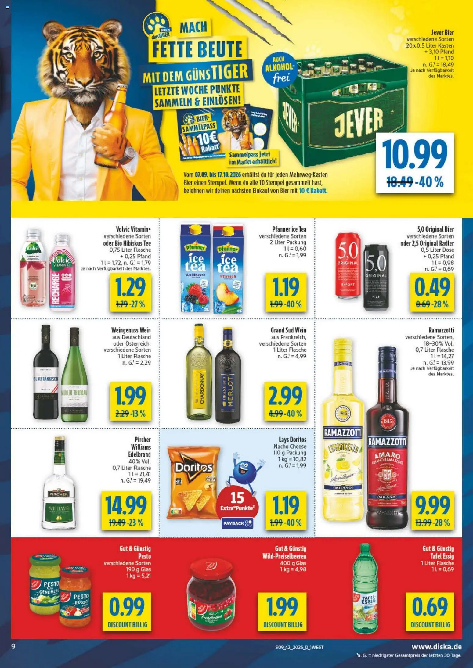 Vorschau von dem Prospekt des Geschäftes Diska, gültig ab dem 12.10.2026 - Bier, Wein, Limoncello, Jever, Preiselbeeren, Essig, Volvic, Grand sud