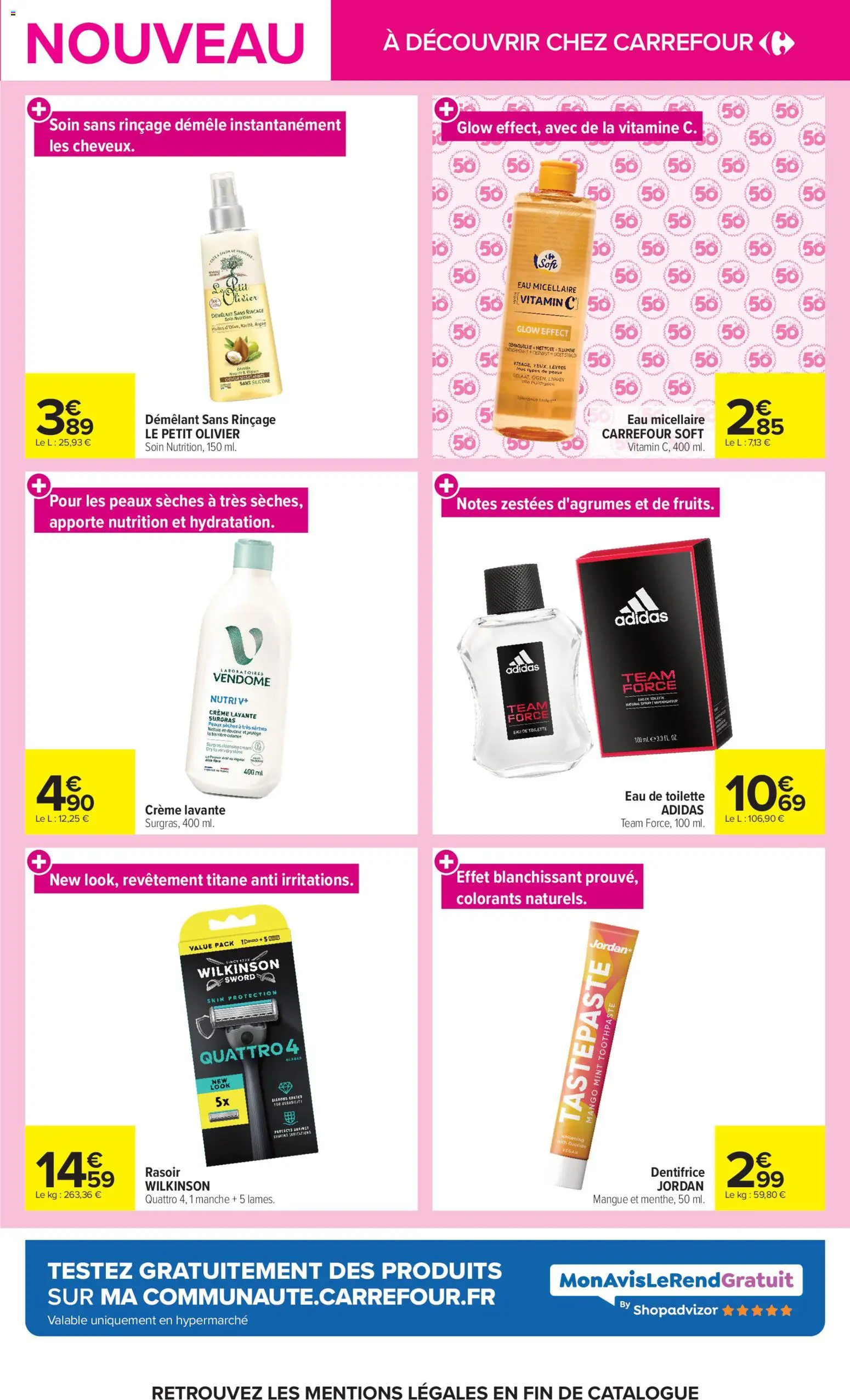 Prévisualisation de Carrefour Les nouveautés de novembre du magasin Carrefour formulaire valide 03/11/2026 - Adidas, Olivier, Crème, Mangue, Eau de toilette, Dentifrice, Rasoir, Eau micellaire