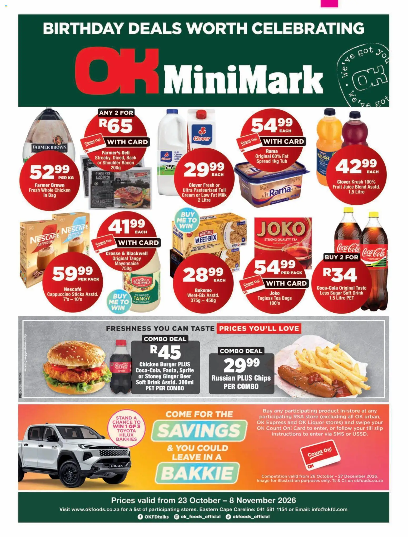 Preview of OK Foods flyer valid from 23/10/2026 - Chicken, Sugar, Beer, Mayonnaise, Sprite, Bacon, Spread, Stoney