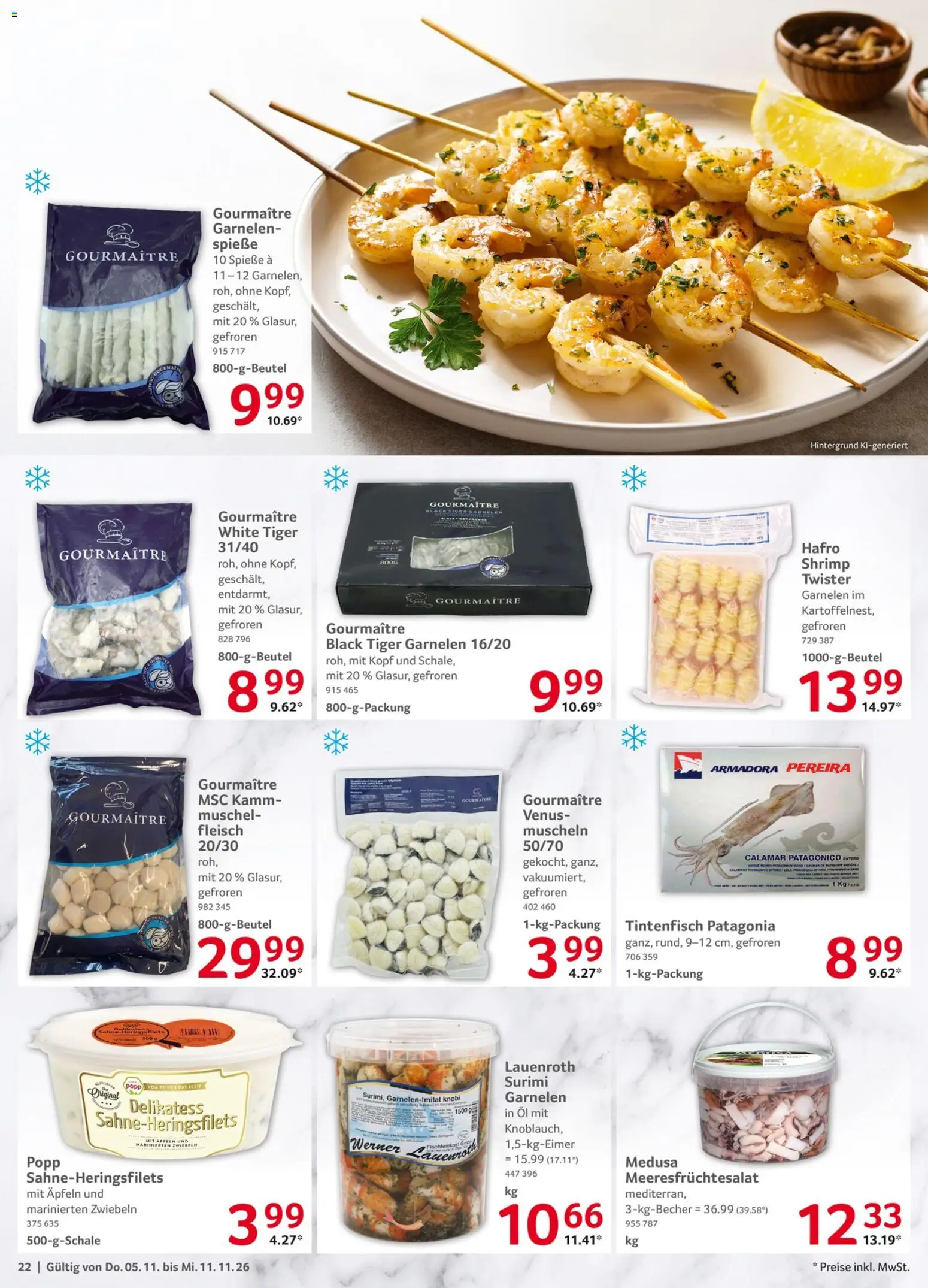 Vorschau von dem Prospekt des Geschäftes Selgros, gültig ab dem 05.11.2026 - Öl, Garnelen, Fleisch, Tintenfisch, Knoblauch, Spieße, Zwiebeln, Tiger garnelen