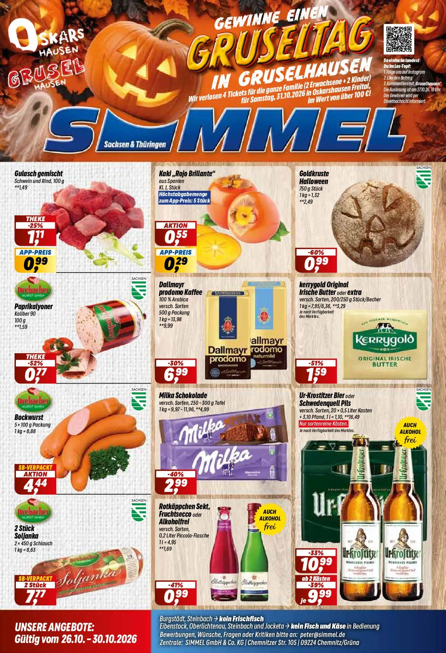 Vorschau von dem Prospekt des Geschäftes Simmel, gültig ab dem 26.10.2026 - Kaffee, Butter, Schokolade, Gulasch, Alkohol, Rotkäppchen, Milka, Theke