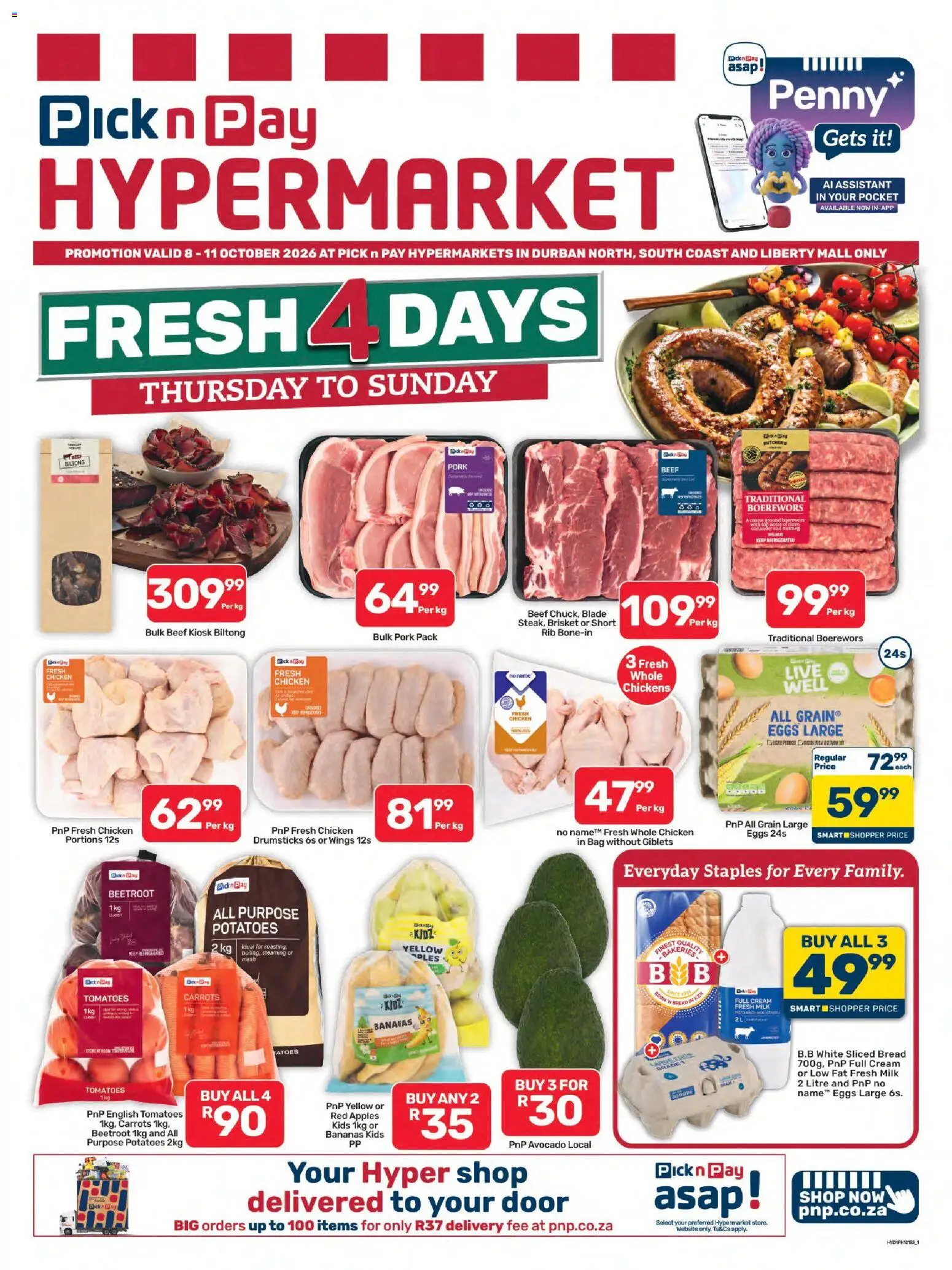 Preview of Pick n Pay flyer valid from 08/10/2026 - Apples, Chicken, Bag, Eggs, Bread, Bananas, Boerewors, Tomatoes