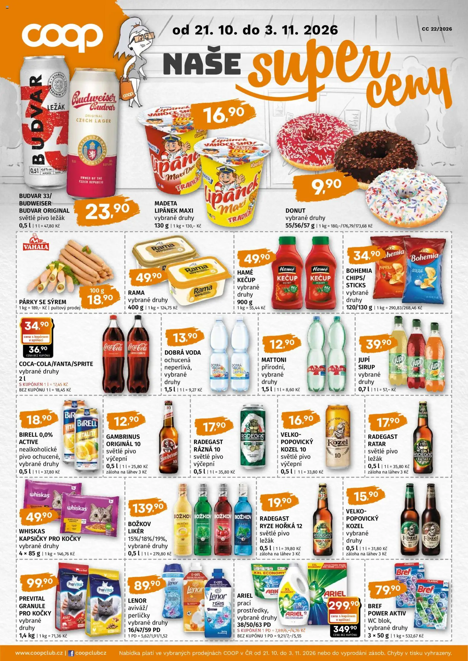 Náhled nabídky: Coop Coop leták - Super cena platný od 21.10.2026 - Pivo, Wc, Birell, Budvar, Božkov, Kečup, Láhev, Lenor