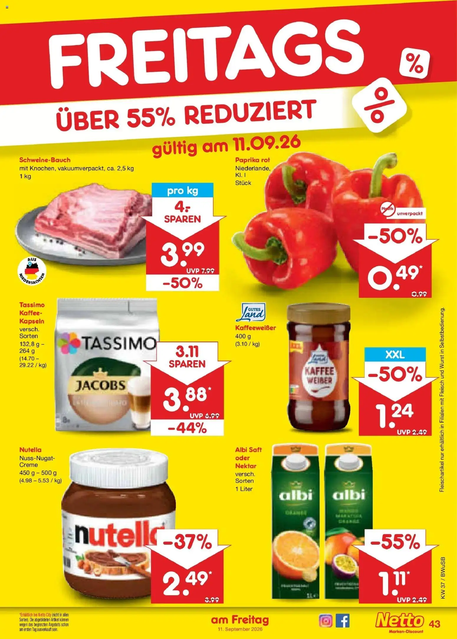 Vorschau von dem Prospekt des Geschäftes Netto Marken-Discount, gültig ab dem 07.09.2026 - Kaffee, Nutella, Fleisch, Tassimo, Schweinebauch, Creme, Saft, Paprika rot