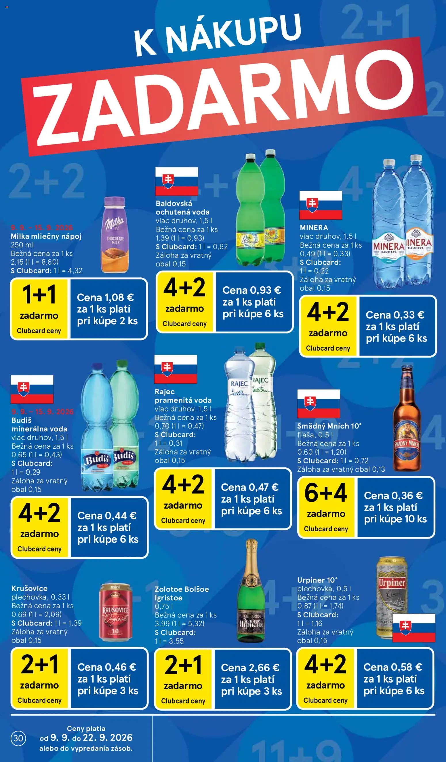 Náhľad Tesco letáku platného od 09.09.2026 - Rajec, Voda, Milka, Budiš, Urpiner, Krušovice, Pramenitá voda, Ochutená voda