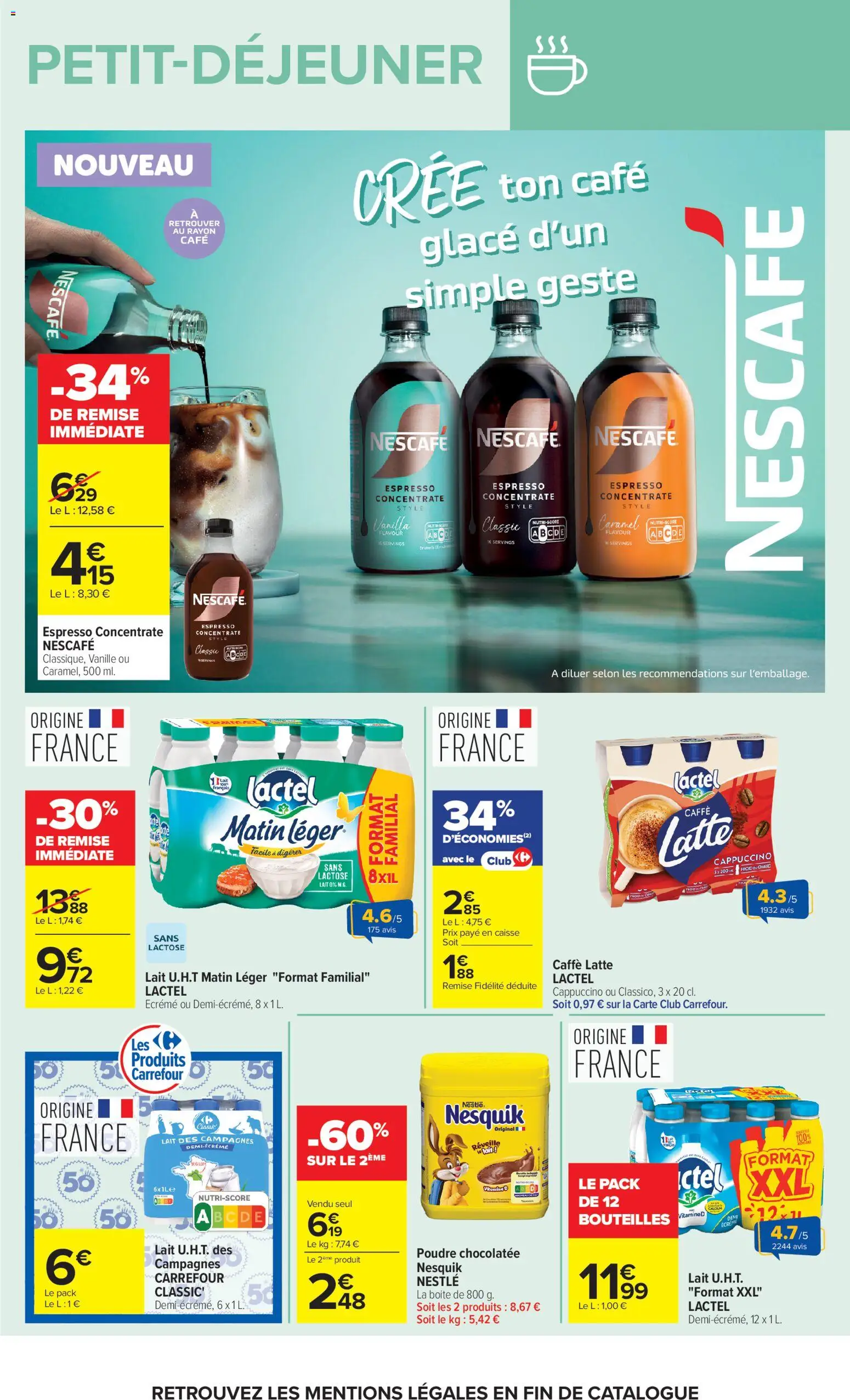 Prévisualisation de Carrefour Market Petit dejeuner du magasin Carrefour Market formulaire valide 01/09/2026 - Café, Glace, Cappuccino, Lait, Vanille, Nesquik, Café glacé, Poudre