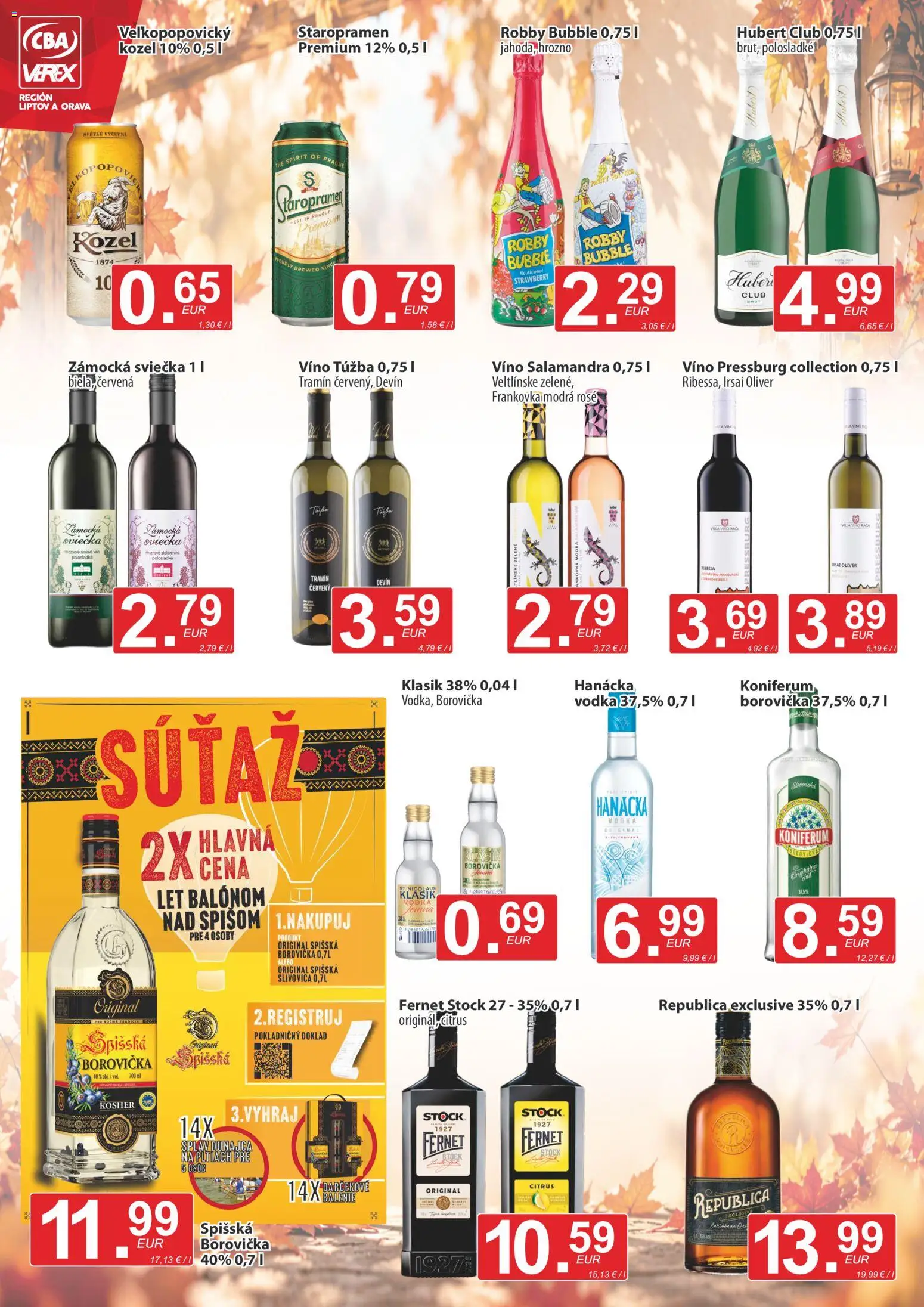 Náhľad CBA Verex letáku platného od 15.10.2026 - Víno, Borovička, Hrozno, Fernet, Staropramen, Koniferum, Fernet Stock, Republica