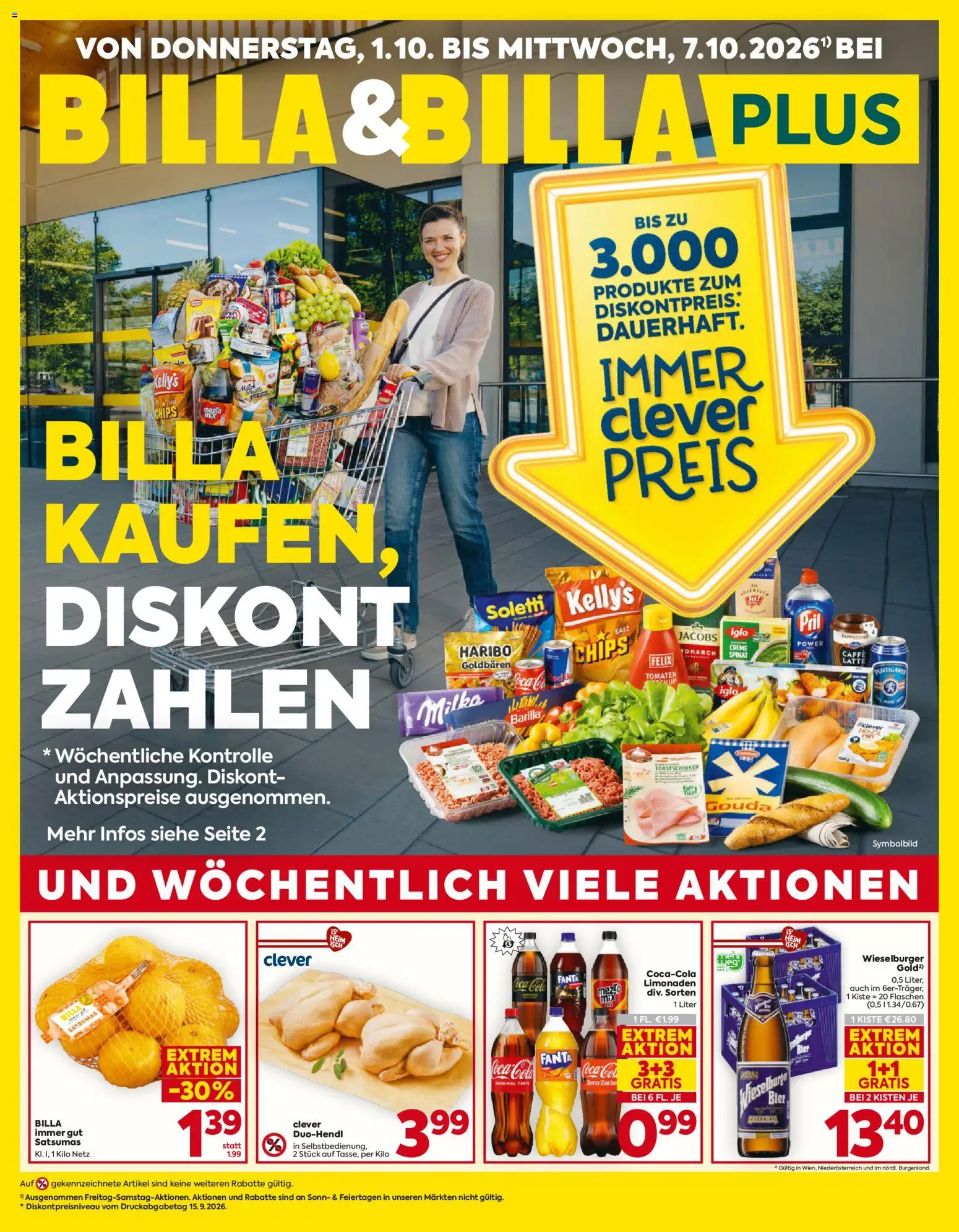 Vorschau der Angebote: Billa Billa Flugblatt gültig ab 01.10.2026 - Bier, Chips, Salz, Barilla, Fanta, Tomaten, Creme