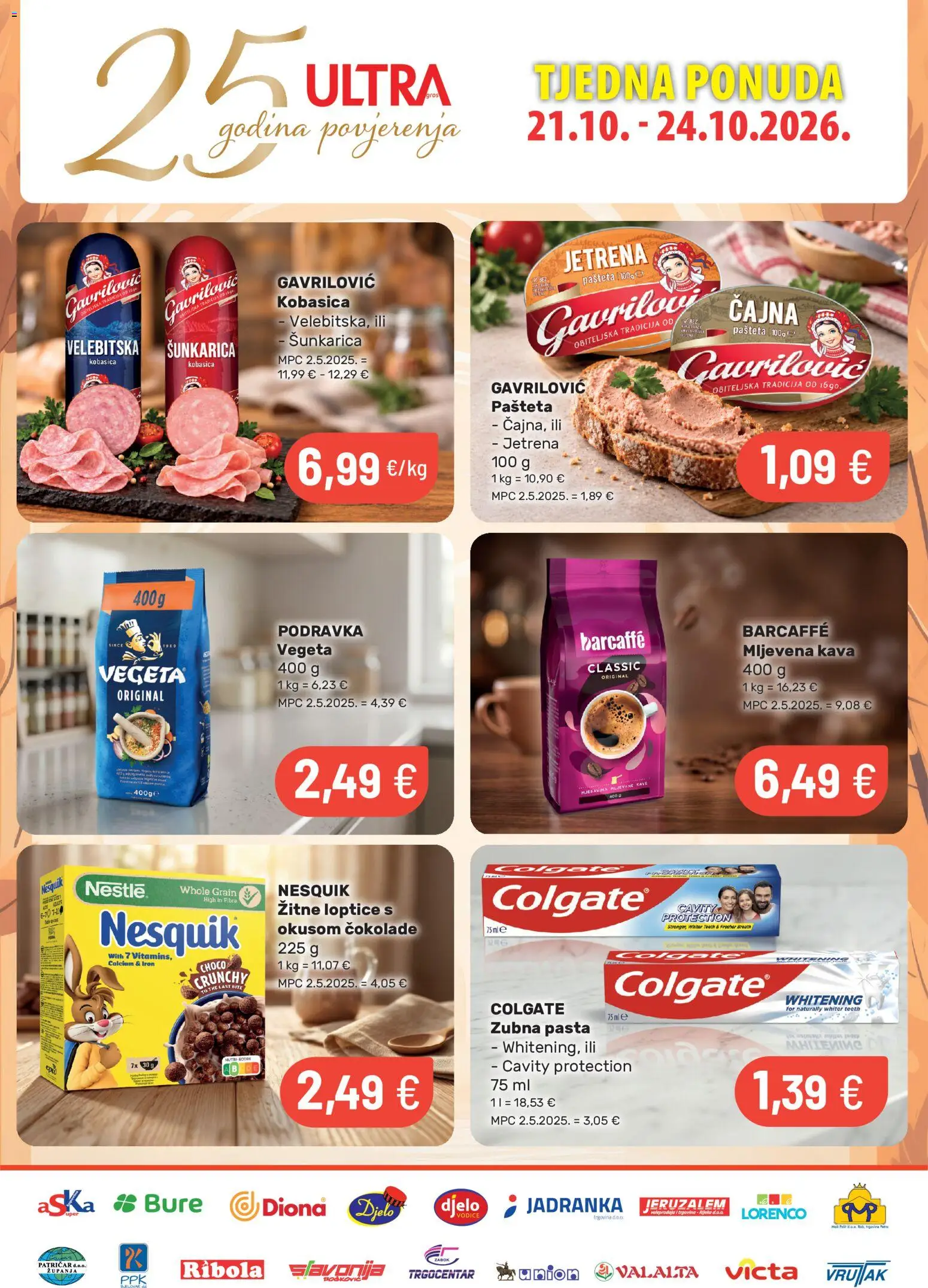 Pregled letka Ultra Gros Katalog trgovine Ultra Gros vrijedi od 21.10.2026 - Kava, Podravka, Pasta, Vegeta, Barcaffe, Kobasica, Nesquik, Mljevena kava