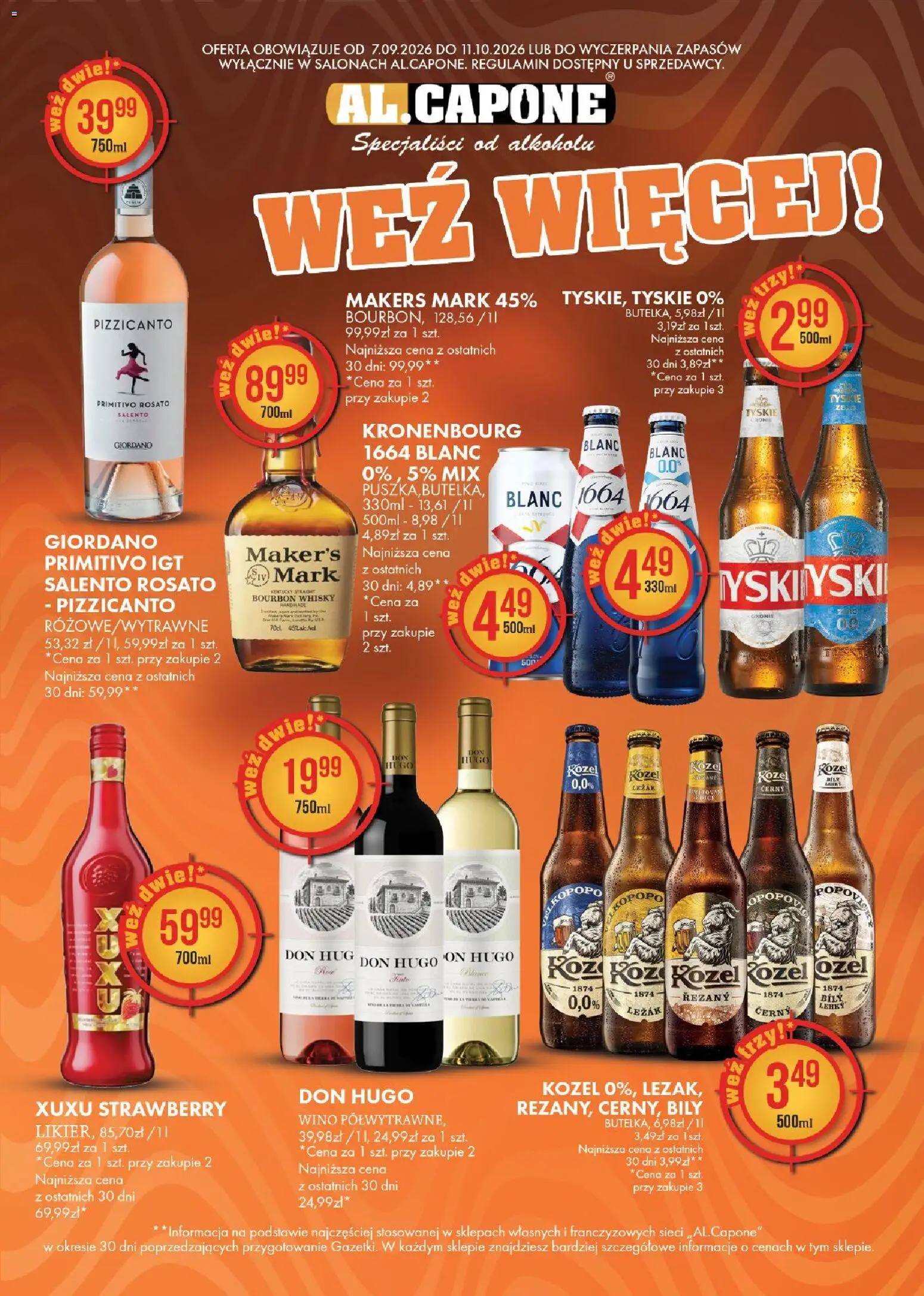 Pogląd gazetki "Al.Capone gazetka" ze sklepu Al.Capone ważnej od 07.09.2026 - Whisky, Wino, Bourbon, Leżak, Tyskie, Primitivo, Bourbon whisky