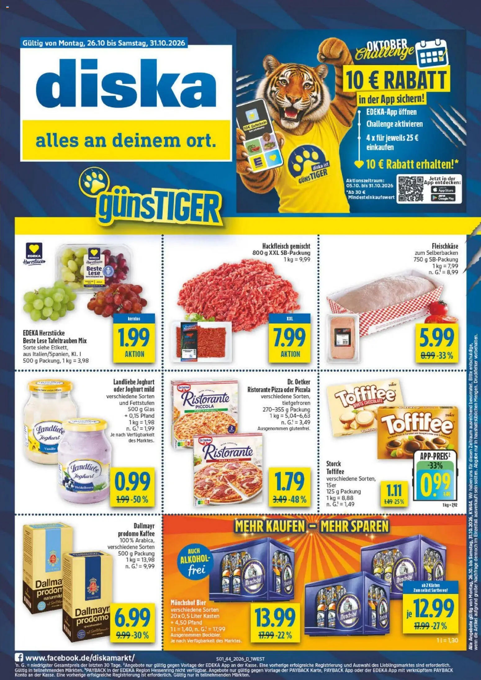 Vorschau von dem Prospekt des Geschäftes Diska, gültig ab dem 26.10.2026 - Pizza, Kaffee, Bier, Joghurt, Dallmayr, Ristorante, Landliebe joghurt, Monchshof