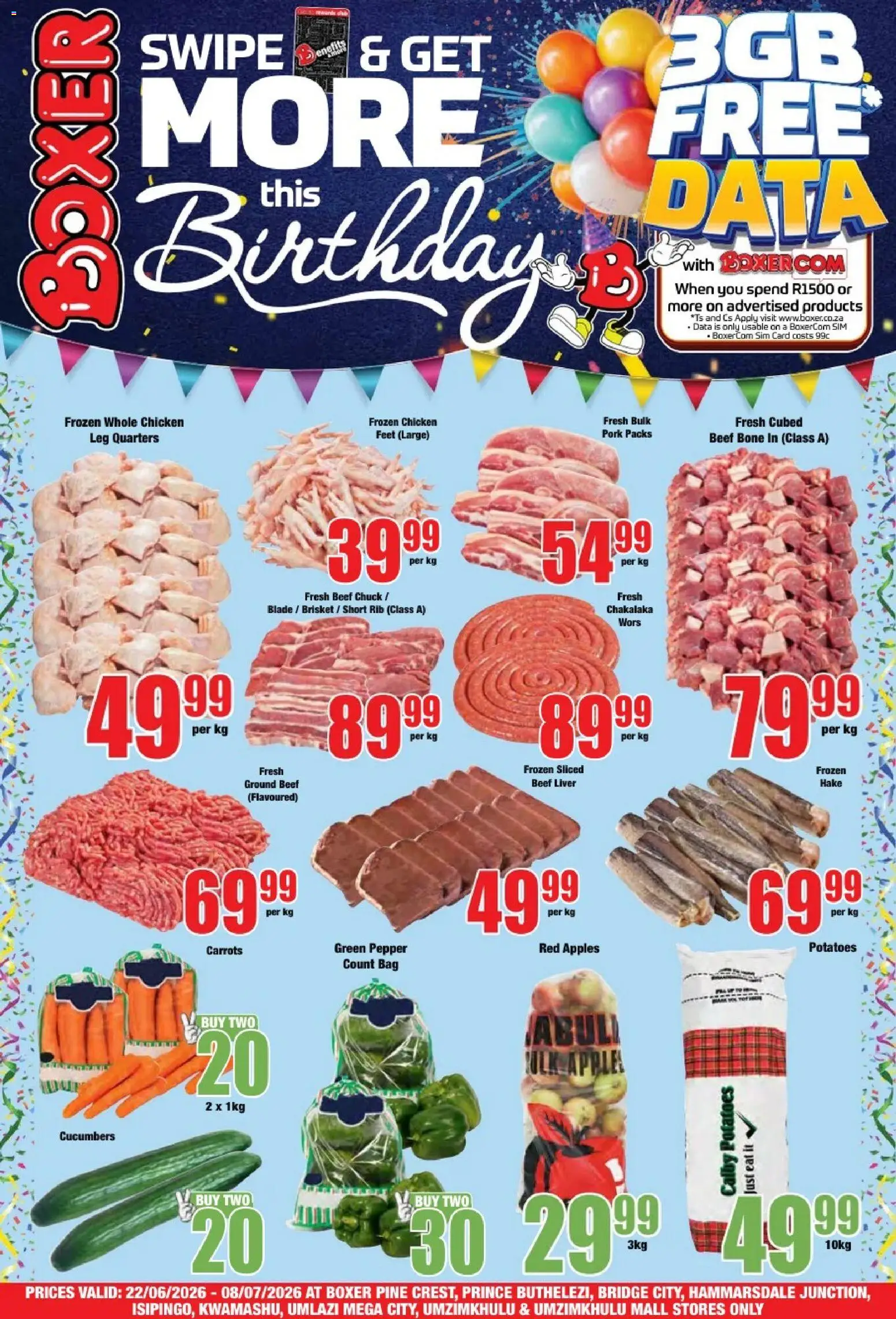 Preview of Boxer flyer valid from 22/06/2026 - Apples, Fish, Potatoes, Data, Carrots, Sim, Pork, Beef