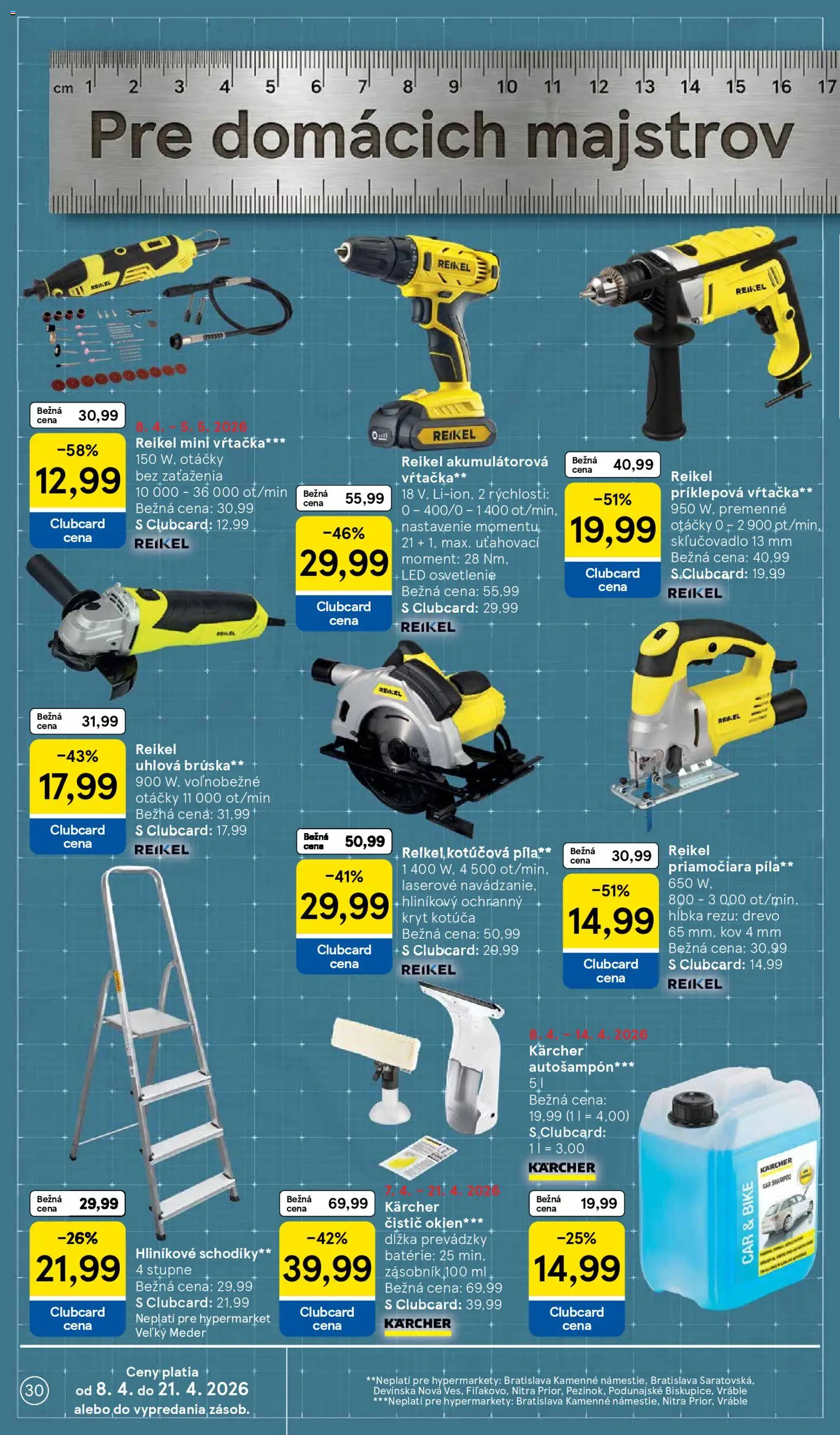 Náhľad Tesco letáku platného od 08.04.2026 - Píla, Kotúčová píla, Led, Kärcher, Batérie, Led osvetlenie, Osvetlenie, Uhlová brúska