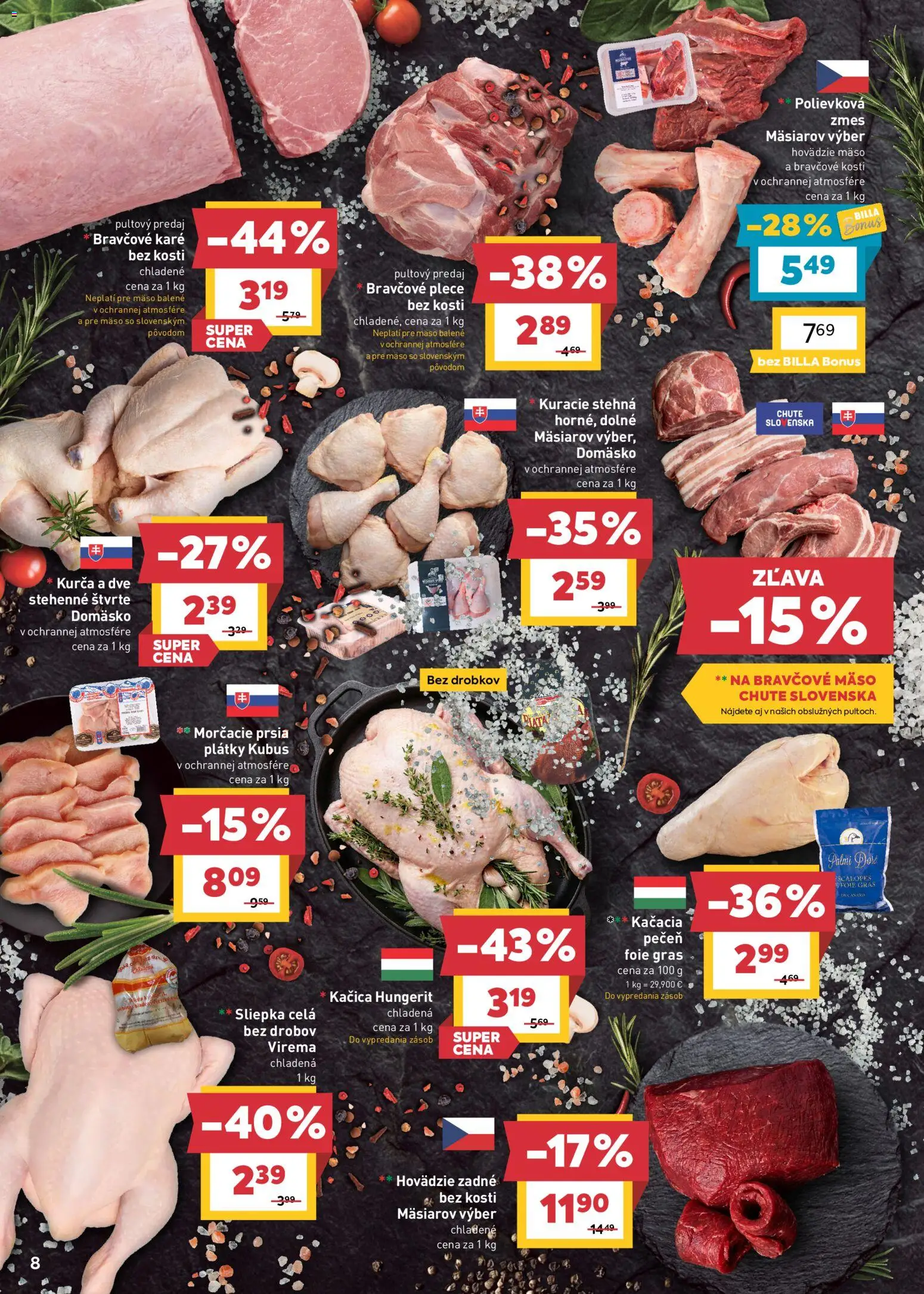 Náhľad Billa letáku platného od 14.10.2026 - Pečeň, Kuracie stehná, Bravčové karé, Hovädzie mäso, Kačica, Bravčové mäso, Kurča, Bravčové plece