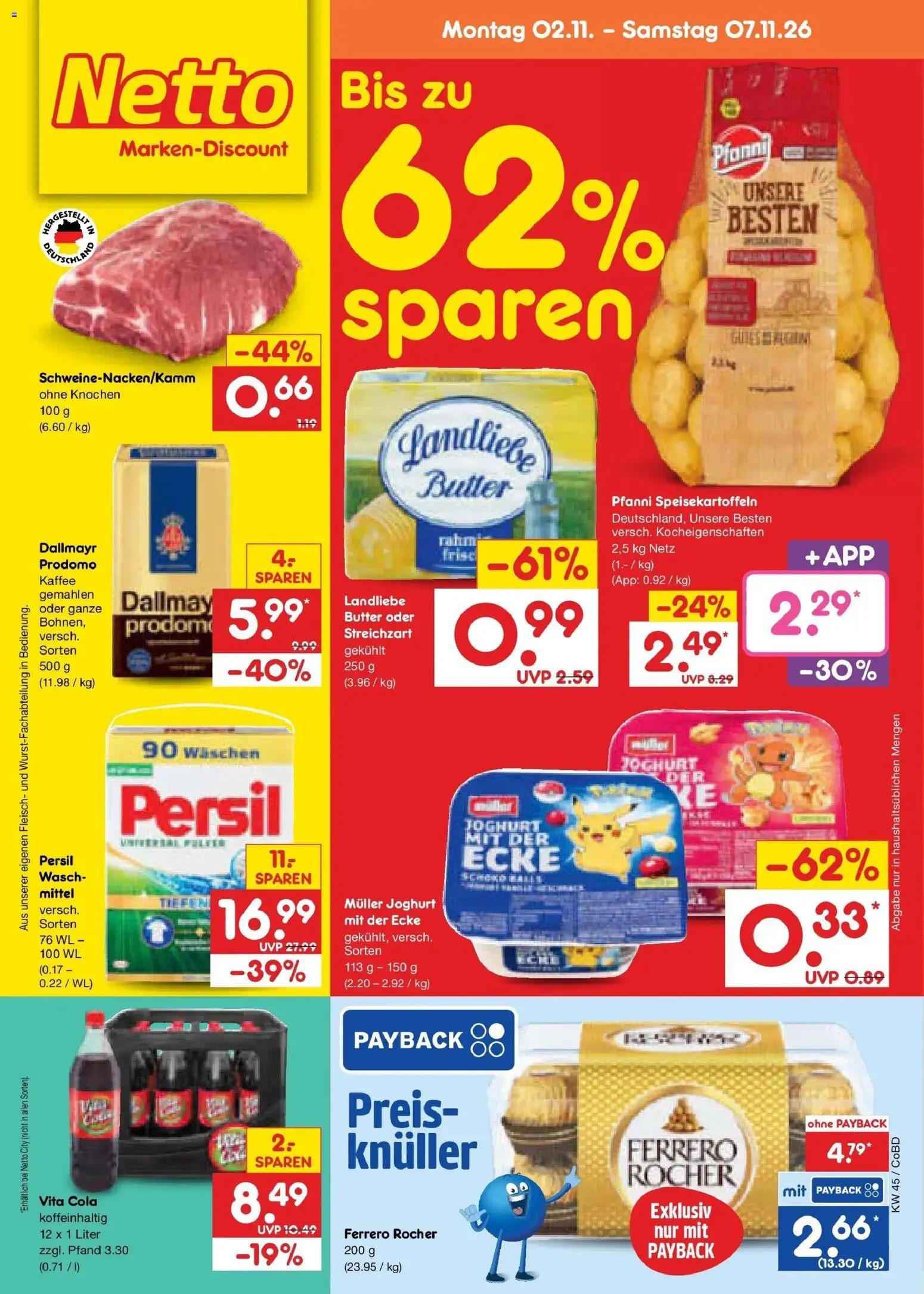 Vorschau von dem Prospekt des Geschäftes Netto Marken-Discount, gültig ab dem 02.11.2026 - Kaffee, Butter, Joghurt, Fleisch, Ferrero rocher, Vita cola, Persil, Dallmayr prodomo