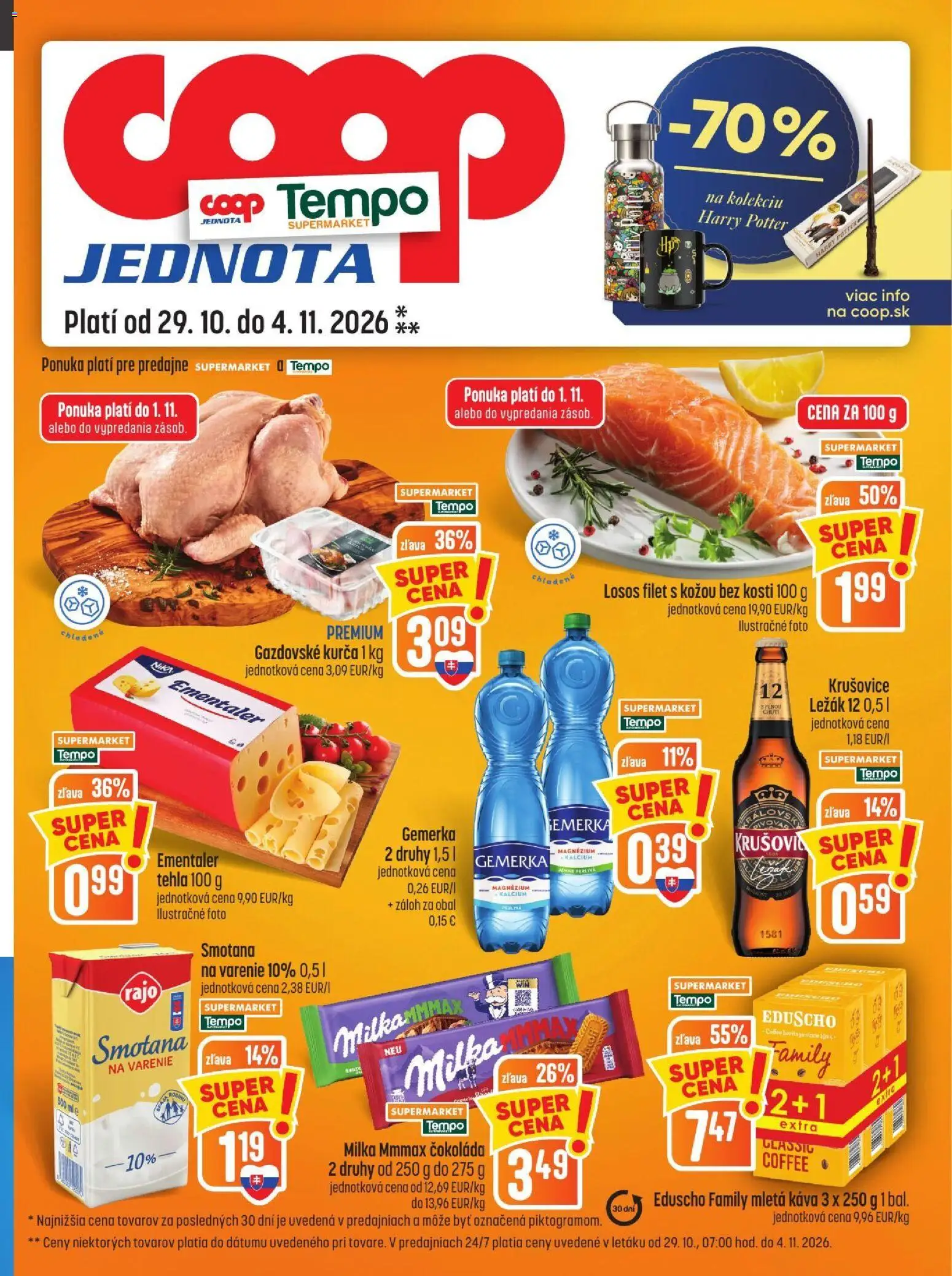 Náhľad COOP Jednota letáku platného od 29.10.2026 - Káva, Losos, Milka, Smotana na varenie, Krušovice, Smotana, Gemerka, Kurča