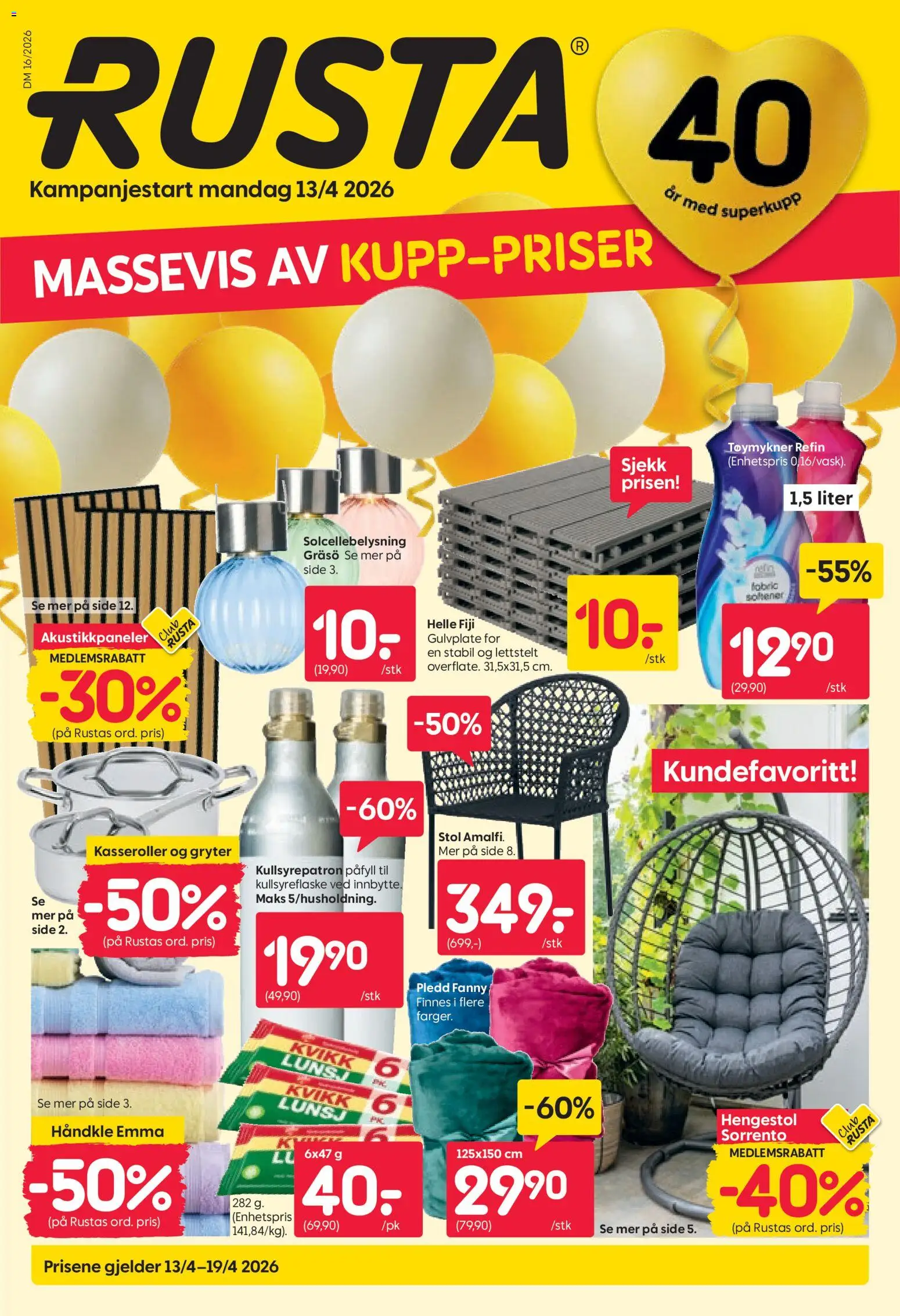Forhåndsvis Rusta kundeavis fra butikk Rusta gyldig fra 13/04/2026 - Tøymykner, Hengestol, Ved, Pledd, Stol, Kullsyrepatron