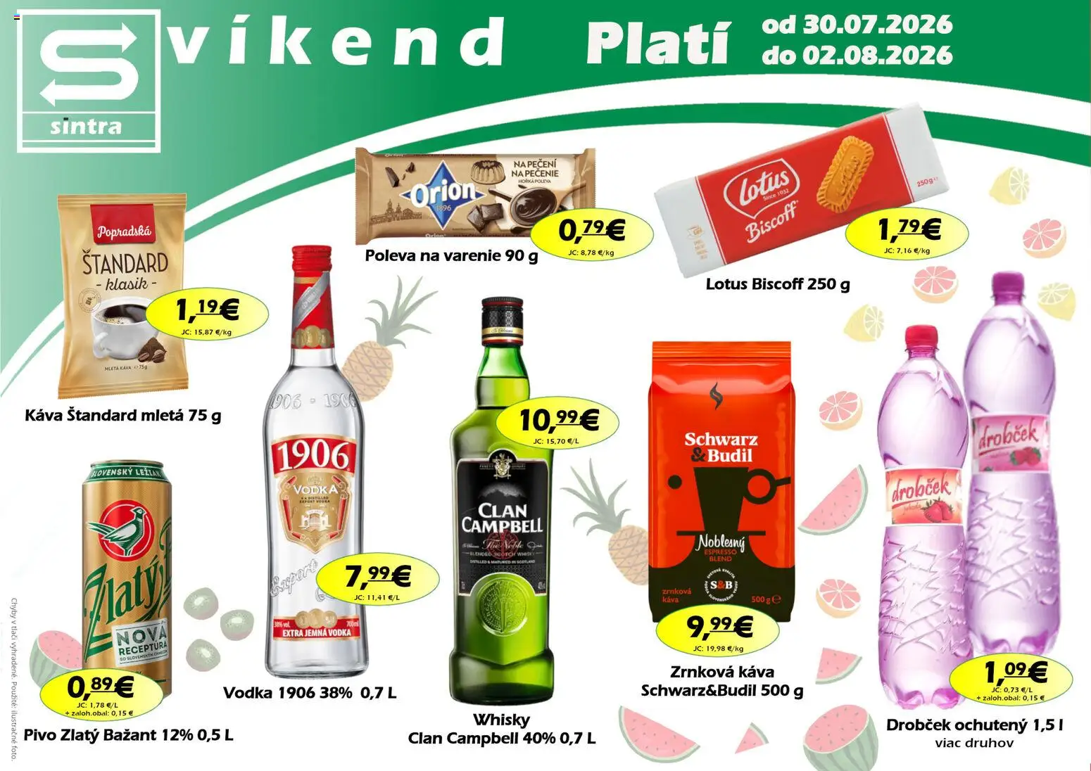 Náhľad Sintra letáku platného od 30.07.2026 - Káva, Pivo, Vodka, Lotus, Whisky, Zrnková káva, Zlatý Bažant, Mletá káva