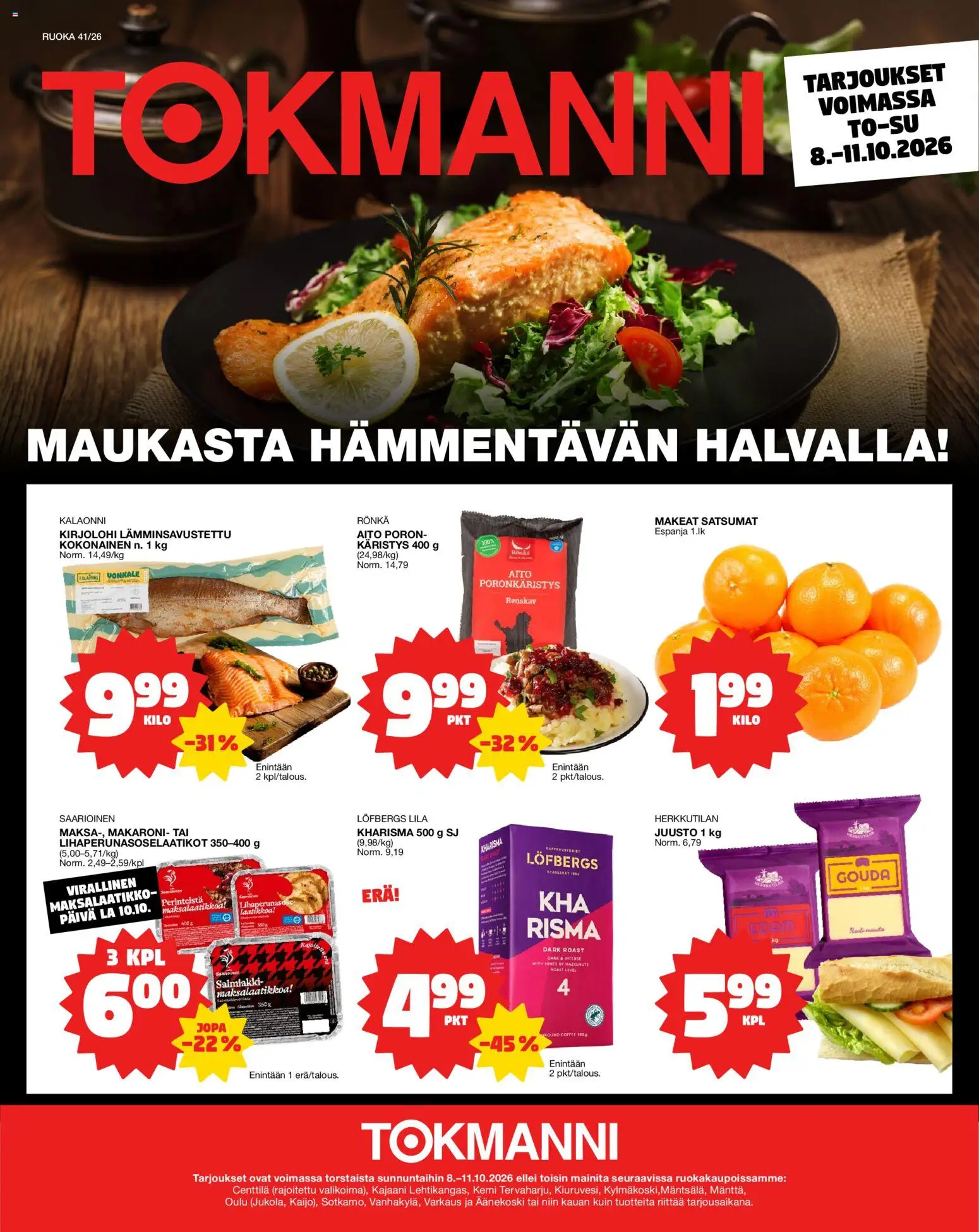 Kaupan Tokmanni Tokmanni Ruokasanomat esikatselu, voimassa 08/10/2026 - Kirjolohi, Juusto, Kokonainen