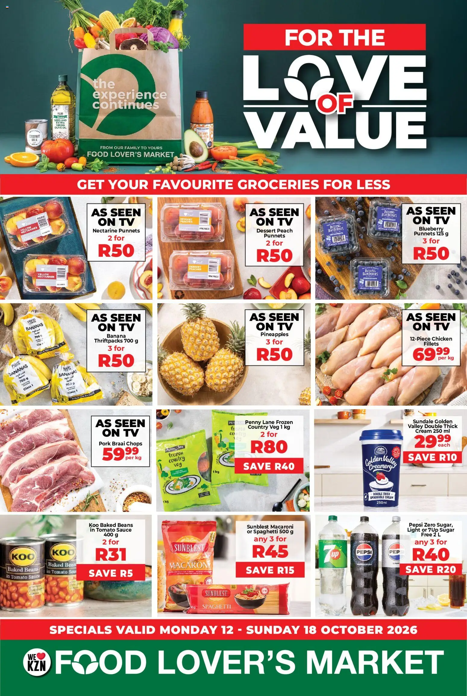 Preview of Food Lover's Market flyer valid from 12/10/2026 - TV, Chicken, Oil, Bananas, Sugar, Cream, Pork, Nectarines