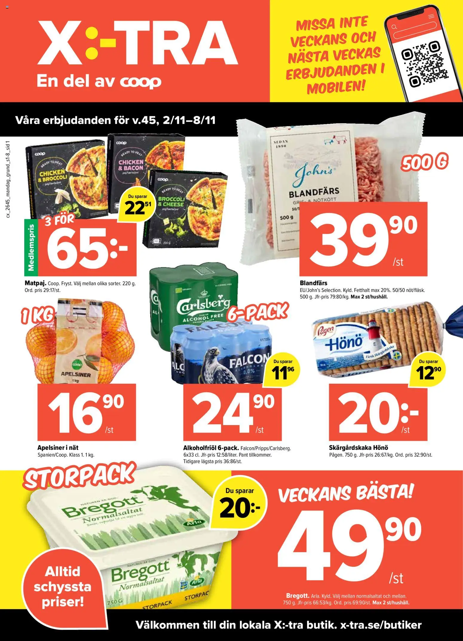 Förhandsgranska reklamblad Coop X:-TRA erbjudanden från butik Coop X:-TRA gäller från 02/11/2026 - Broccoli, Bregott, Bacon, Nötkött, Blandfärs, Apelsiner