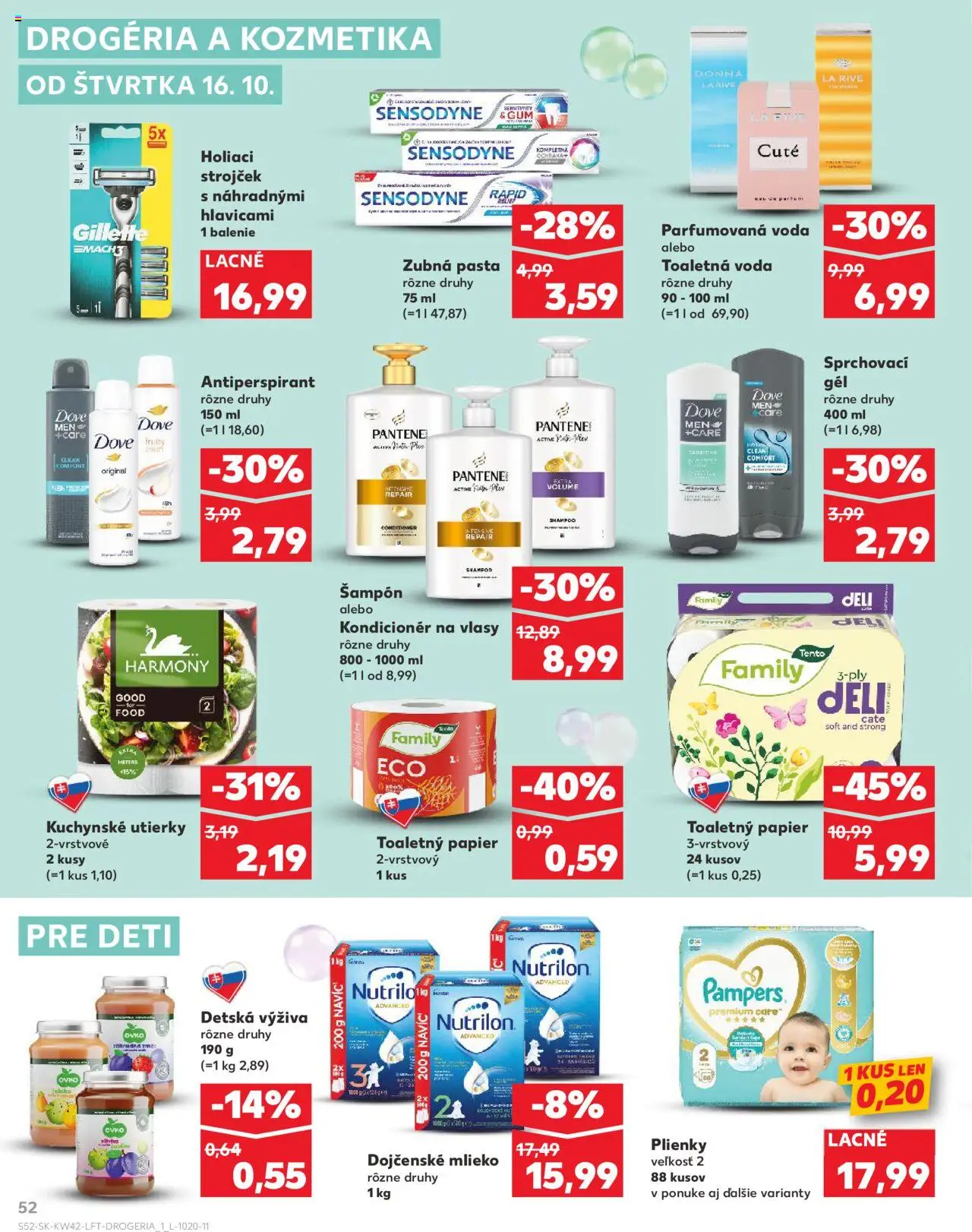 Náhľad Kaufland letáku platného od 16.10.2025 - Voda, Toaletný papier, Antiperspirant, Kuchynské utierky, Plienky, Šampón, Zubná pasta, Strojček