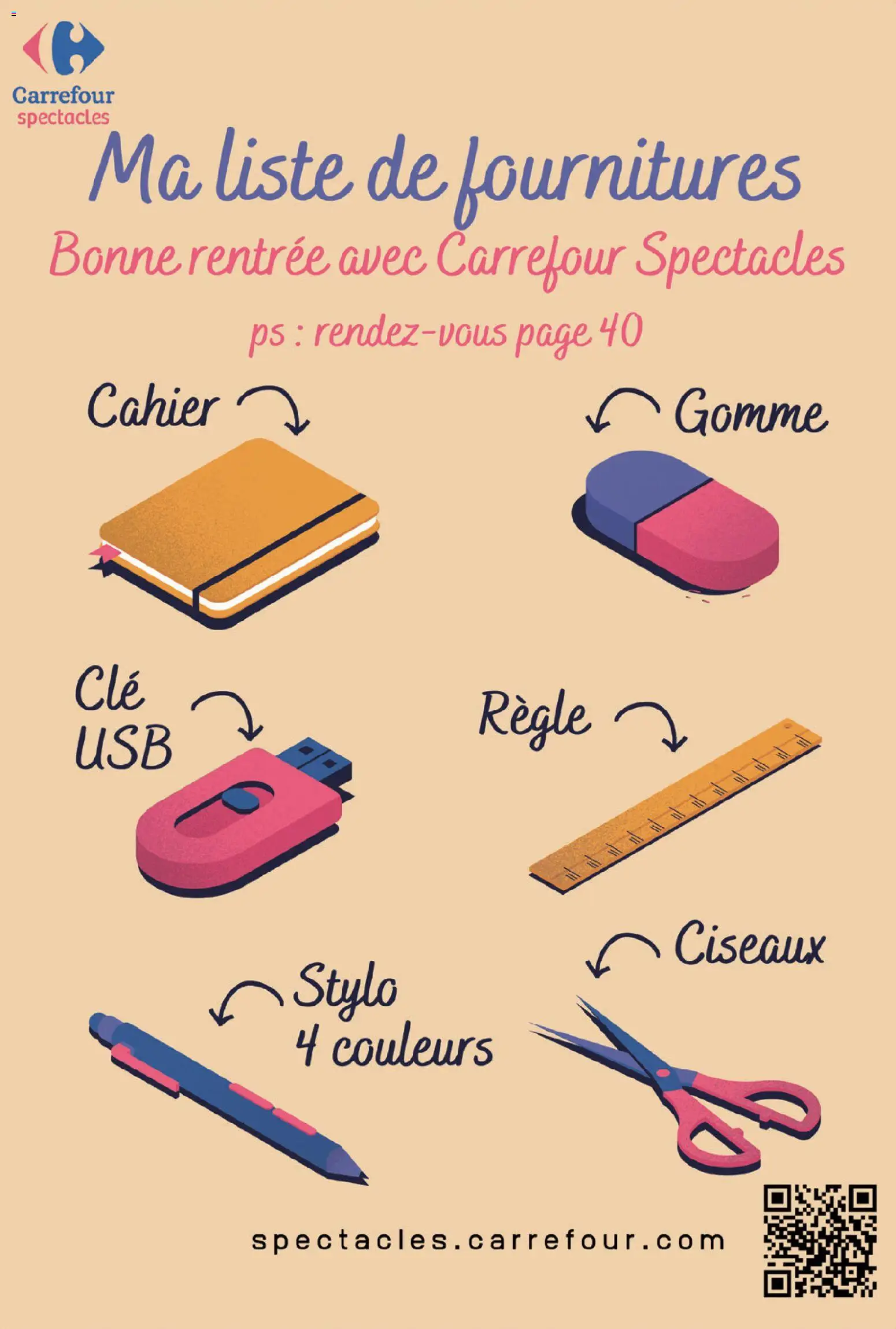 Prévisualisation de Carrefour A chacun sa culture du magasin Carrefour formulaire valide 01/09/2026 - Orange, Règle, Clé, clé USB, Ciseaux, Stylo, USB, Cahier