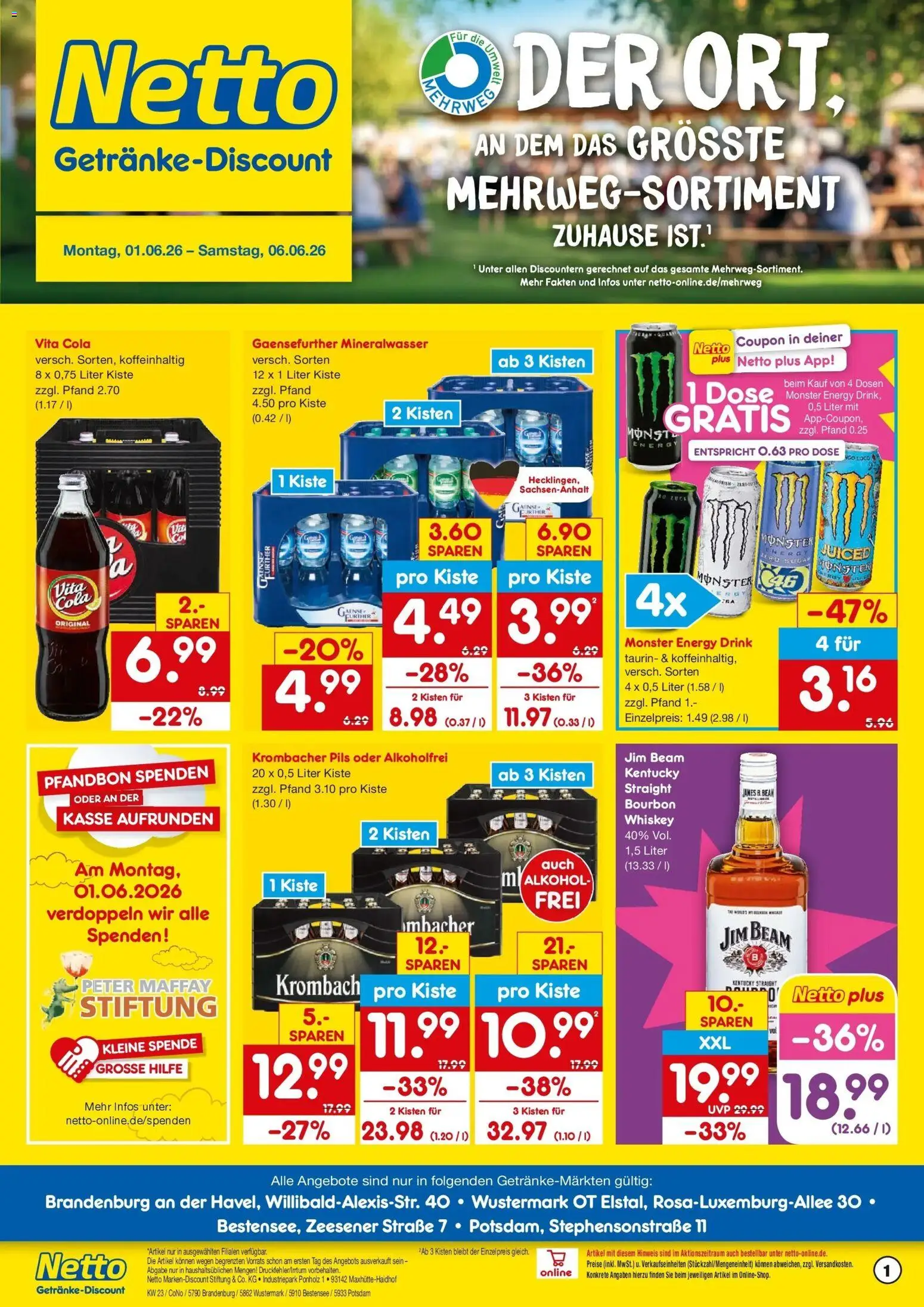 Vorschau von dem Prospekt des Geschäftes Netto Marken-Discount, gültig ab dem 01.06.2026 - Monster, Cola, Mineralwasser, Alkohol, Energy, Vita cola, Bourbon, Pils