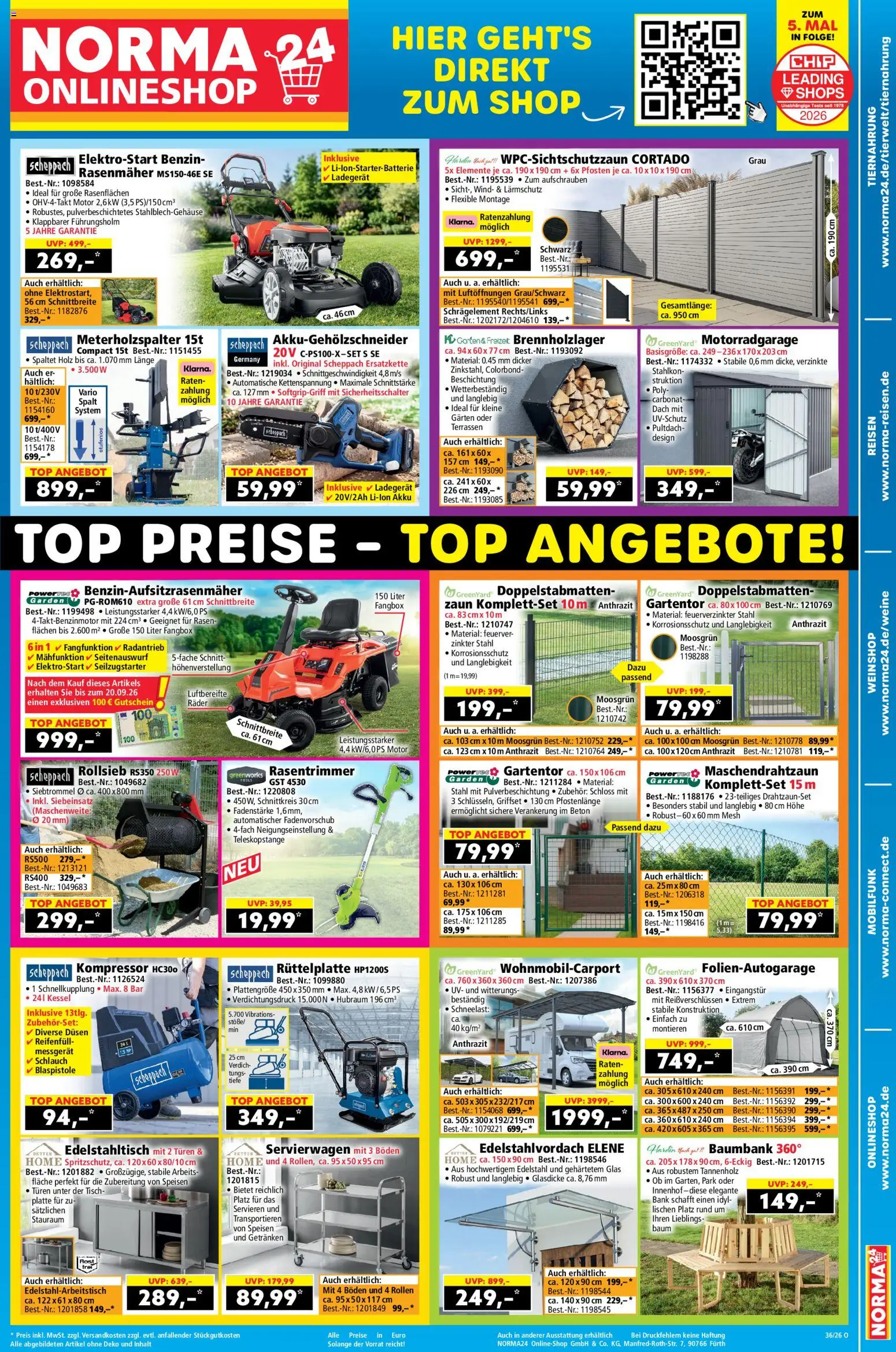 Vorschau von dem Prospekt des Geschäftes Norma, gültig ab dem 31.08.2026 - Rasenmäher, Top, Tür, Tisch, Servierwagen, Ladegerät